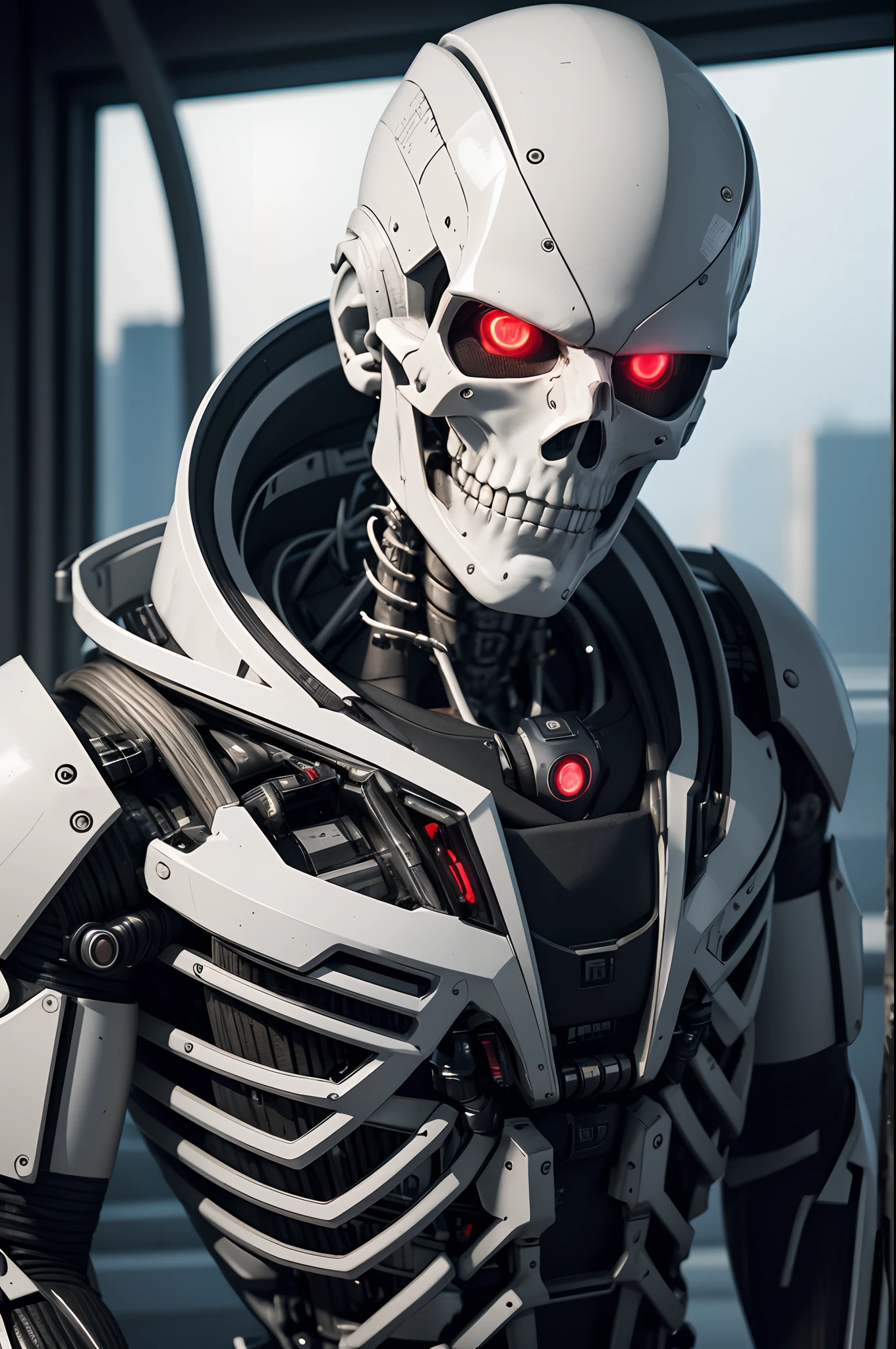 8K,The camera eye of one eye that glows red is exposed.,Young Man Head Humanoid Electronic System |Cyborg Man|Visible Detailed Brain|With a heart of visible detail|Muscle Cable Wire|bio punk|cybernetic|cyberpunked|Connected to a large number of cables,LED to issue,White marble bust|Canon M50 |100mm|foco nítido|smoother|Hyper-Realism|high-detail|Intricate details|Metal skeleton,Fleshing out half of the jaw,