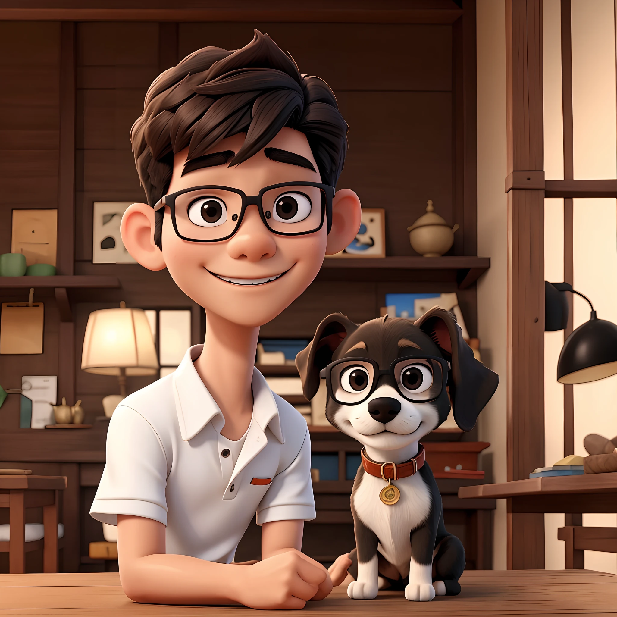 A Thai boy wearing glasses,There is one dog.,Shisawa Black White,thailand