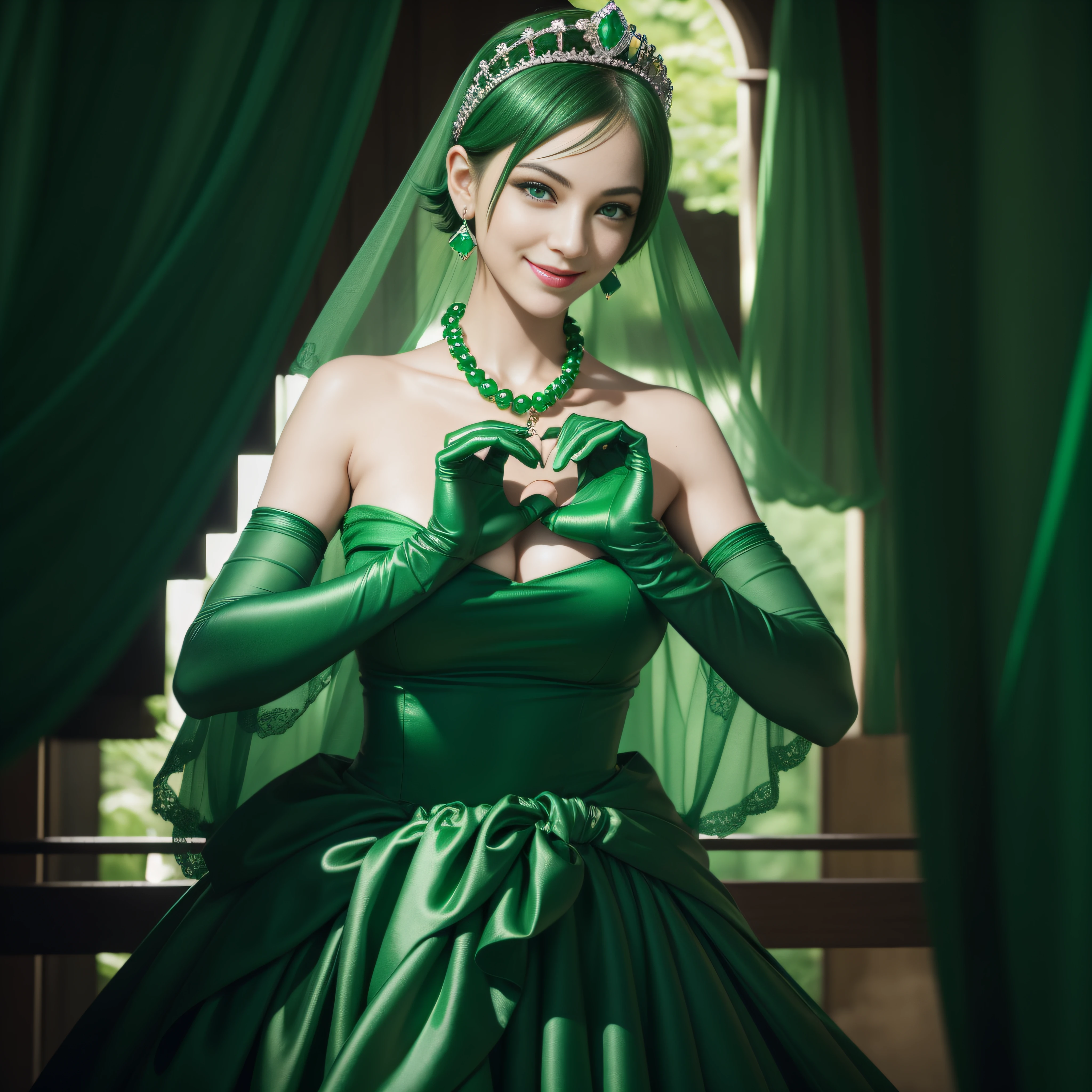 emerald tiara, Green Pearl Necklace, Boyish very short green hair, lipsticks, Japan woman smiling, very short short hair, big breasts beautiful, Green eyes, Long green gloves made of satin material, Green eyes, Emerald Earrings, green vale, Heart with both hands