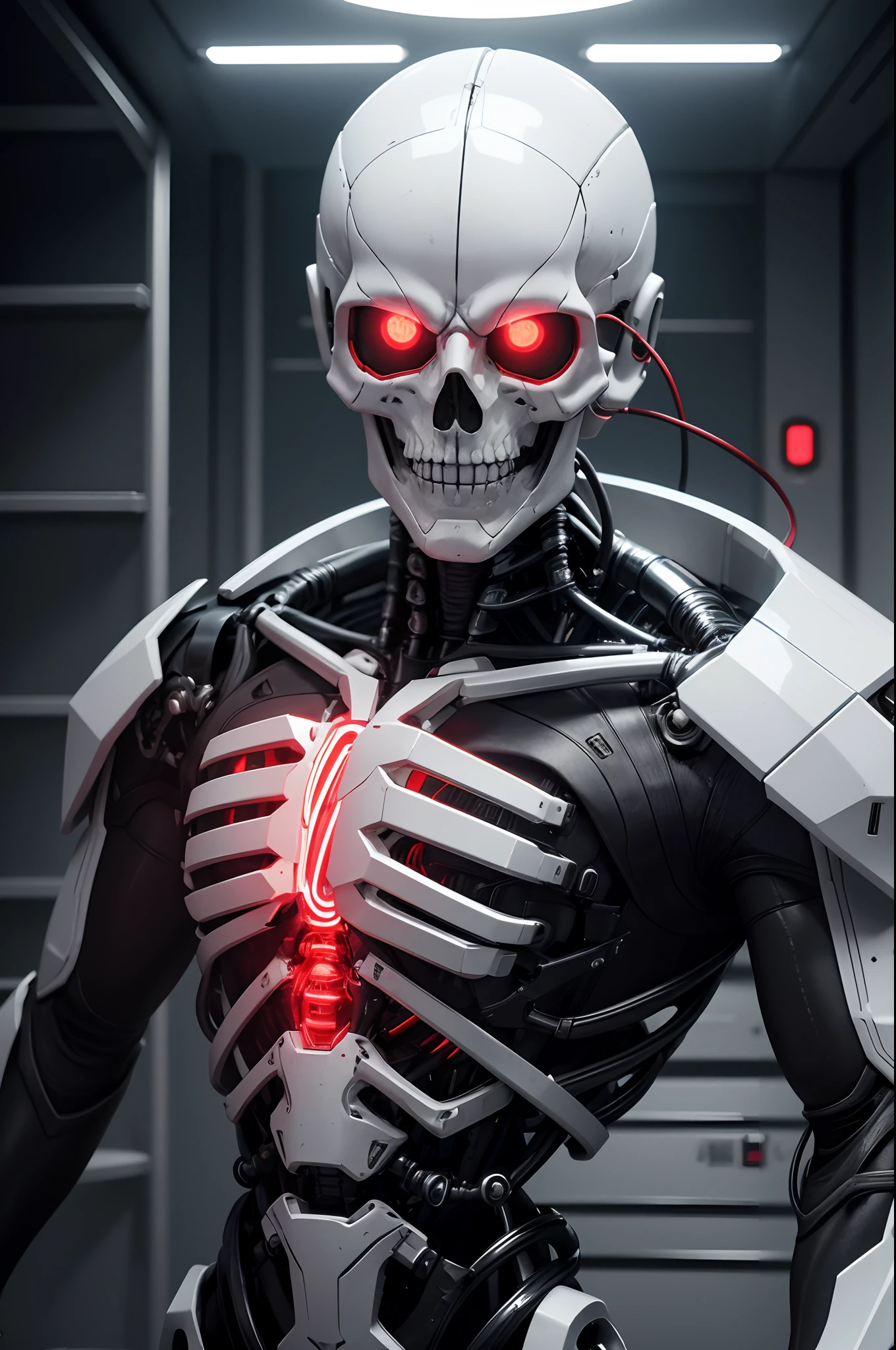 8K,The camera eye of one eye that glows red is exposed.,Young Man Head Humanoid Electronic System |Cyborg Man|Visible Detailed Brain|With a heart of visible detail|Muscle Cable Wire|bio punk|cybernetic|cyberpunked|Connected to a large number of cables,LED to issue,White marble bust|Canon M50 |100mm|foco nítido|smoother|Hyper-Realism|high-detail|Intricate details|Metal skeleton,Fleshing out half of the jaw,