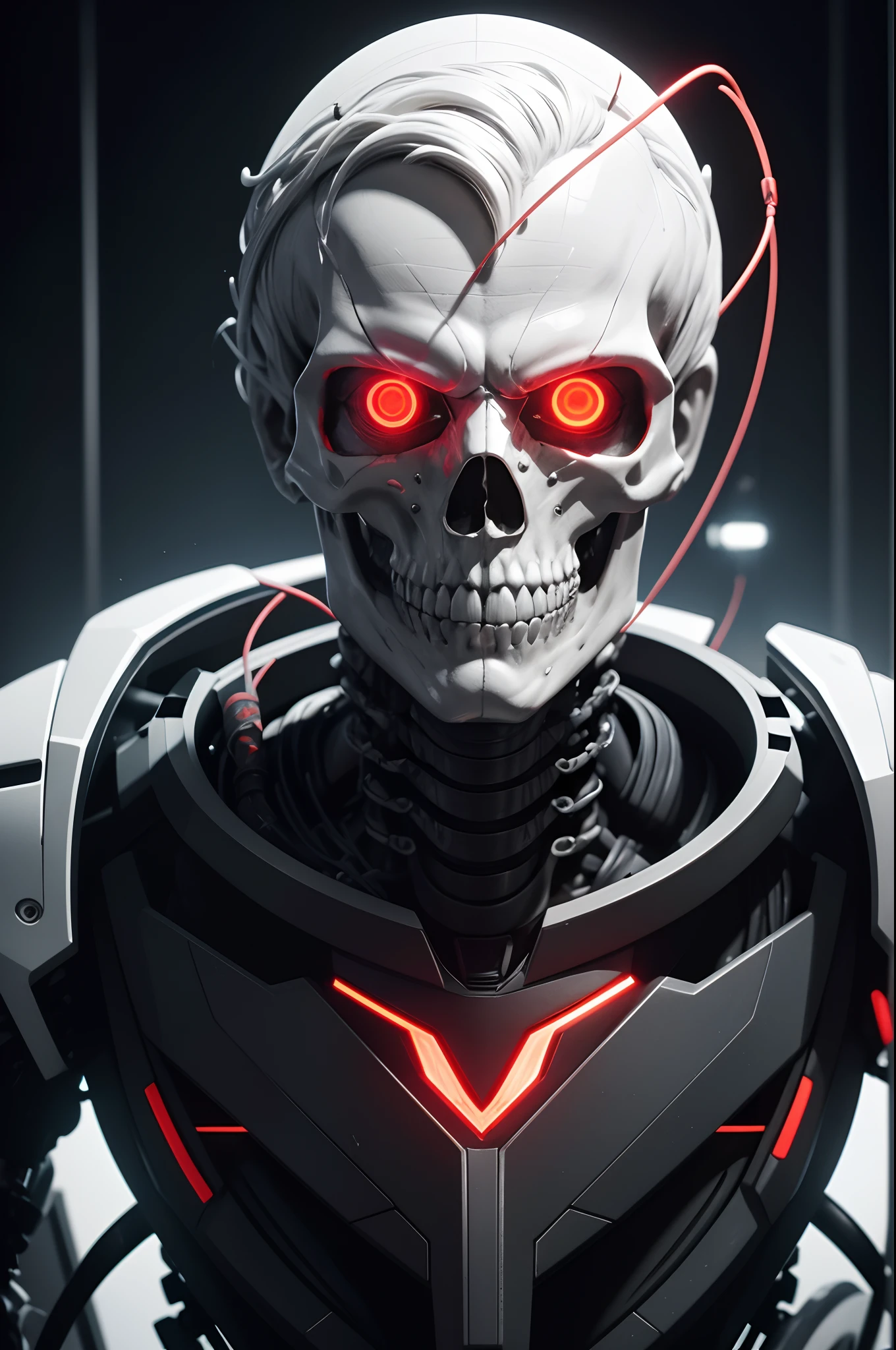 8K,The camera eye of one eye that glows red is exposed.,Young Man Head Humanoid Electronic System |Cyborg Man|Visible Detailed Brain|With a heart of visible detail|Muscle Cable Wire|bio punk|cybernetic|cyberpunked|Connected to a large number of cables,LED to issue,White marble bust|Canon M50 |100mm|foco nítido|smoother|Hyper-Realism|high-detail|Intricate details|Metal skeleton,Fleshing out half of the jaw,