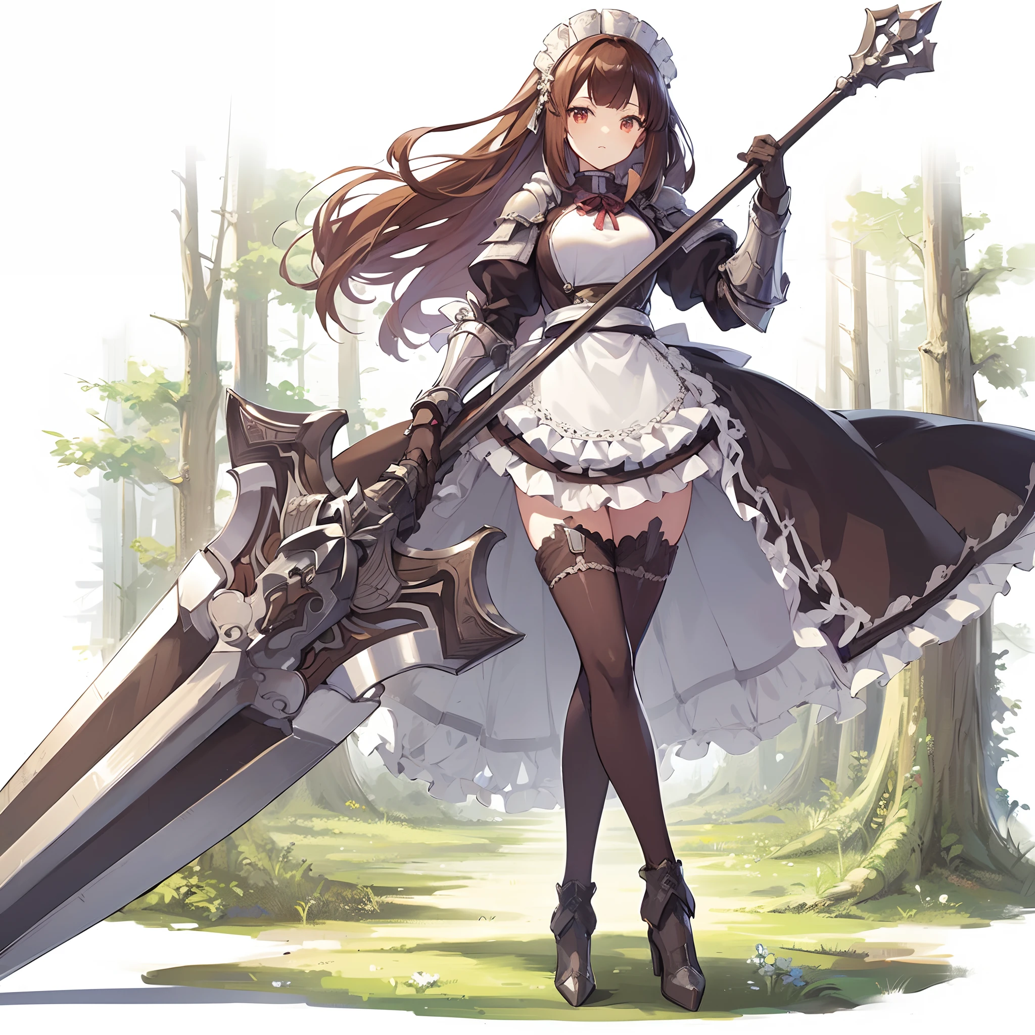 (masutepiece, Best Quality), (Perfect athlete body:1.2), (detailed hairs), Ultra-detailed, Anime style, Full body, Solo, Fantasy Night's Housekeeper, Wearing knight's armor over the housekeeper's uniform, Held a huge spear, Chestnut short twin story hair and housekeeper headdress, standing in the forest, high heels boots, Digital Painting, 8K High Resolution, trend artstation, White background, Whole body,
