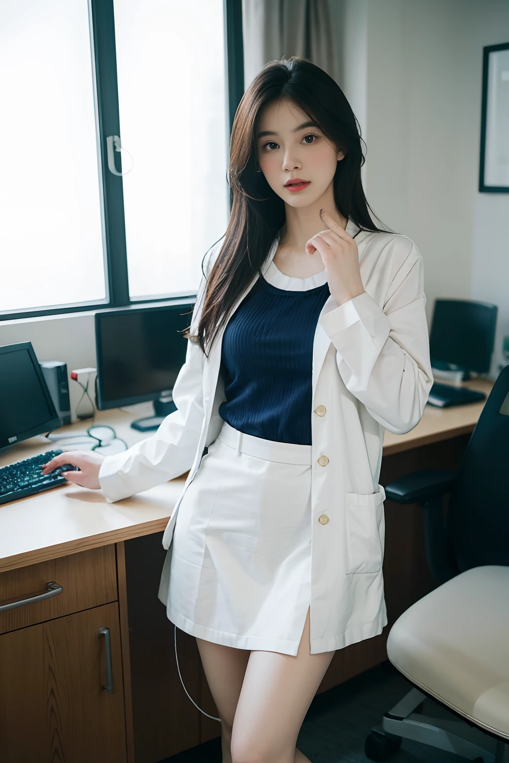 1girl,1girls, bestquality, office,hospital,Realistic, real light, small face,beste-Qualit, ultra-high resolution, (photorealistic portrait:1.4),master-piece, office, Whole body,Female Doctor,doctor,Female Doctor,Gown set,white outfit,Stretch your legs...,Leg separation,undergarment,Sexual temptation,earings,A little embarrassed..,Look at the audience.,36 years old
