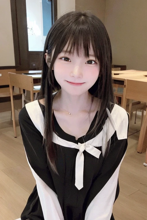 女の子 1 人、cute little、、(A smile:0.6)、looking at viewert、(Black hair straight:1.4)、a sailor suit、校服、a picture、逼真、top-quality、adopt、A detailed face、Classroom、细致背景、profetional lighting、depth of fields、Bokeh