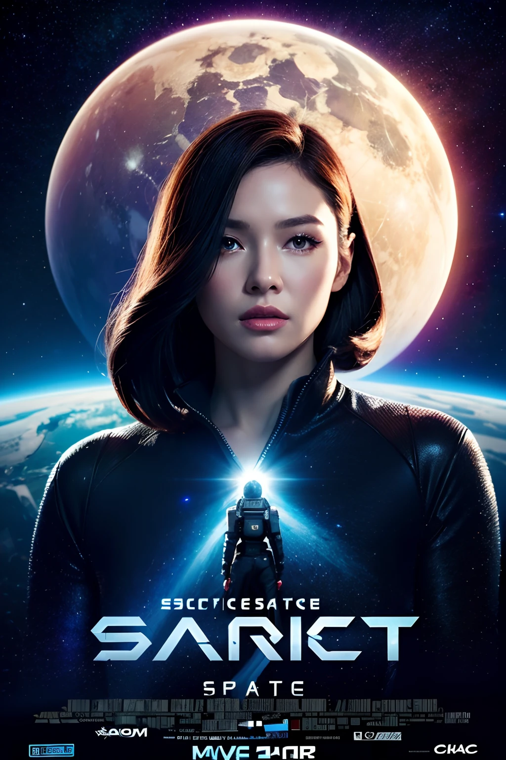 Sci-fi space adventure（（（Modern fashion movie poster））），（poster for），（（charact）），spaceship，Planet background，Cool sci-fi movie art style，tmasterpiece，super-fine，Ultra photo realsisim，Hyper-realistic，best qualtiy，8K，Ultra-clear，A high resolution
