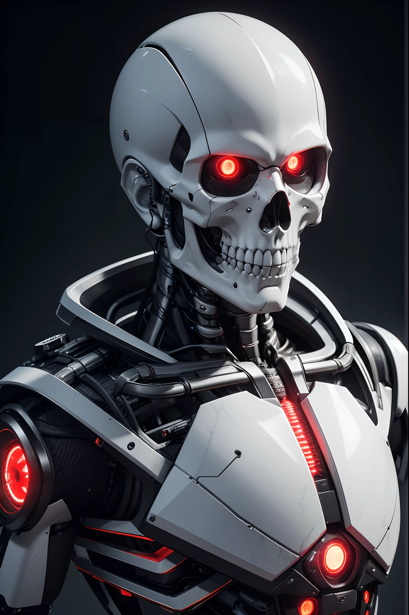 8K,The camera eye of one eye that glows red is exposed.,Young Man Head Humanoid Electronic System |Cyborg Man|Visible Detailed Brain|With a heart of visible detail|Muscle Cable Wire|bio punk|cybernetic|cyberpunked|Connected to a large number of cables,LED to issue,White marble bust|Canon M50 |100mm|foco nítido|smoother|Hyper-Realism|high-detail|Intricate details|Metal skeleton,The real face of a half young man,