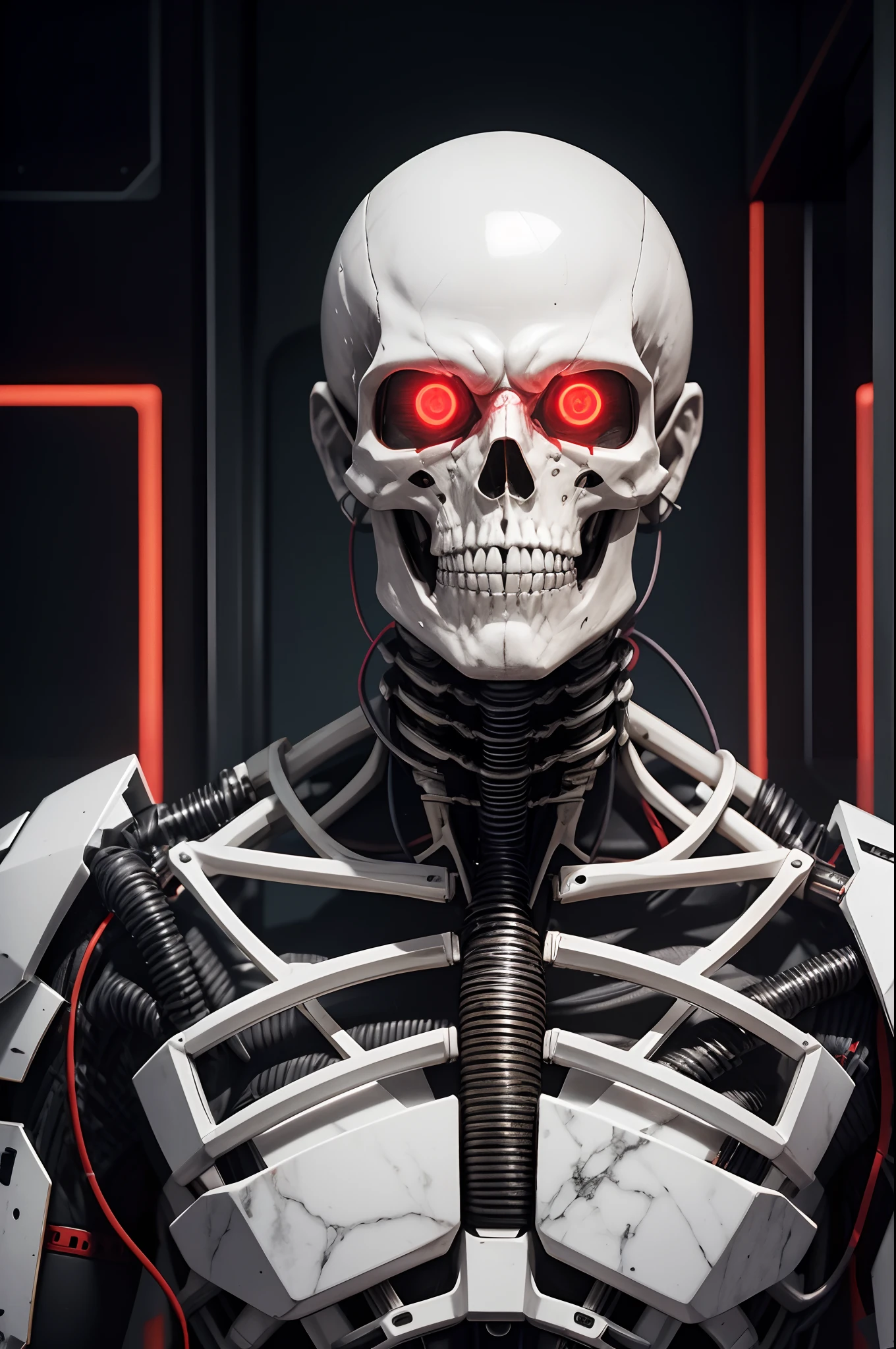8K,The camera eye of one eye that glows red is exposed.,Young Man Head Humanoid Electronic System |Cyborg Man|Visible Detailed Brain|With a heart of visible detail|Muscle Cable Wire|bio punk|cybernetic|cyberpunked|Connected to a large number of cables,LED to issue,White marble bust|Canon M50 |100mm|foco nítido|smoother|Hyper-Realism|high-detail|Intricate details|Metal skeleton,Fleshing out half of the jaw,