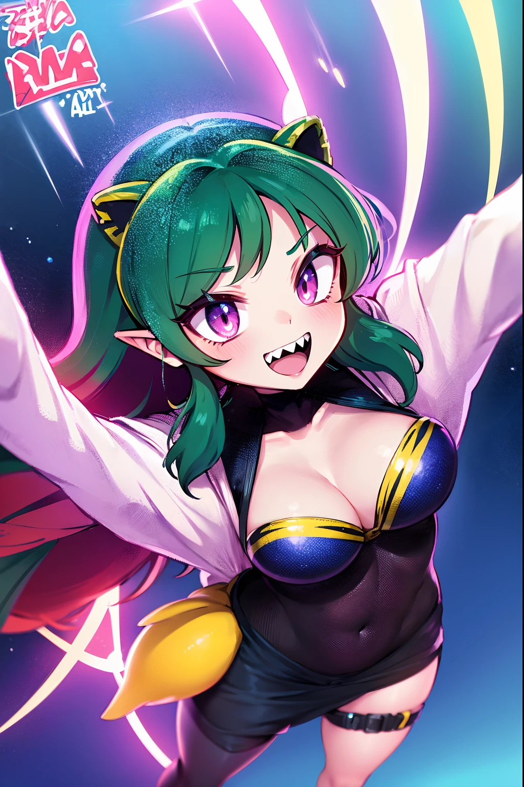 lum, superhero costume, urusei yatsura, cloak, pants, pullover, kimono, martial pov, pantyhose, sharp teeth, standing, smile, martial art,
(best quality,4k,8k,highres,masterpiece:1.2), ultra-detailed, (c:1.37), HDR, UHD, studio lighting, ultra-fine painting, sharp focus, physically-based rendering, extreme detail description, professional, vivid colors, bokeh,
portraits,landscape,horror,anime,sci-fi,photography,concept artists,
vibrant colors, soft lighting