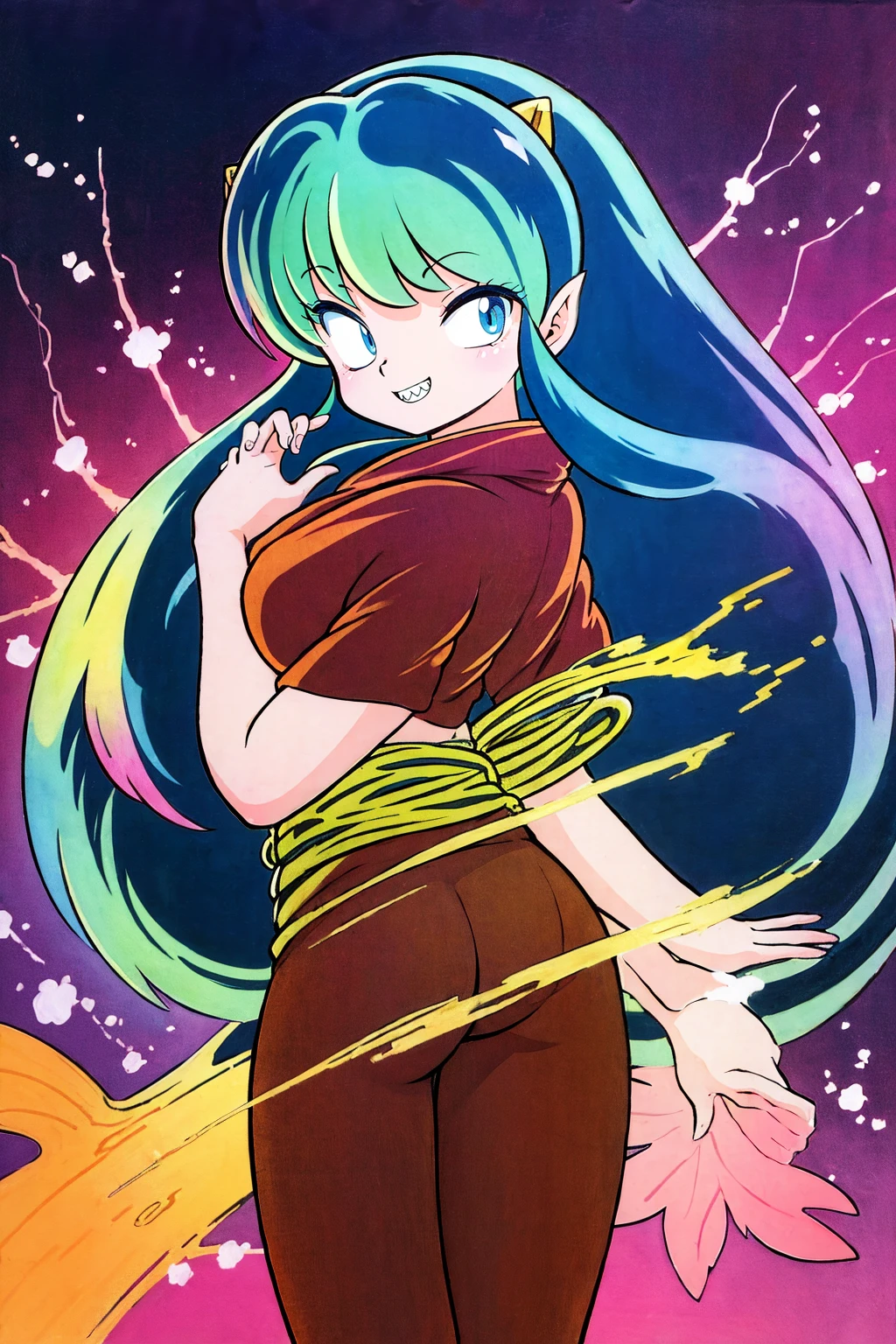 lum, superhero costume, urusei yatsura, cloak, pants, pullover, kimono, martial pov, pantyhose, sharp teeth, standing, smile, martial art, (best quality,4k,8k,highres,masterpiece:1.2), ultra-detailed, (c:1.37), HDR, UHD, studio lighting, ultra-fine painting, sharp focus, physically-based rendering, extreme detail description, professional, vivid colors, bokeh, portraits,landscape,horror,anime,sci-fi,photography,concept artists, vibrant colors, soft lighting,takahashi rumiko