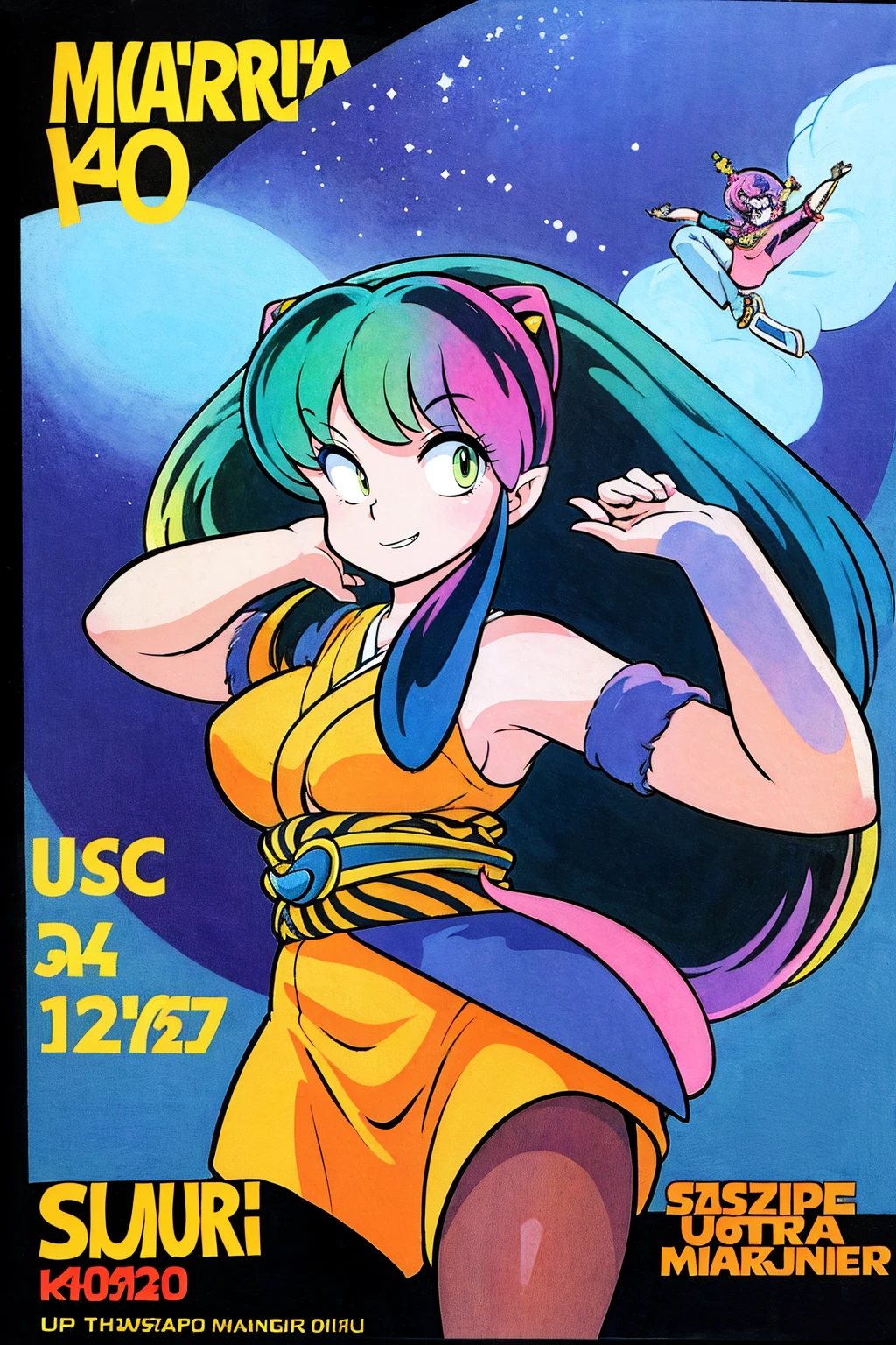 lum, superhero costume, urusei yatsura, cloak, pants, pullover, kimono, martial pov, pantyhose, sharp teeth, standing, smile, martial art, (best quality,4k,8k,highres,masterpiece:1.2), ultra-detailed, (c:1.37), HDR, UHD, studio lighting, ultra-fine painting, sharp focus, physically-based rendering, extreme detail description, professional, vivid colors, bokeh, portraits,landscape,horror,anime,sci-fi,photography,concept artists, vibrant colors, soft lighting,takahashi rumiko