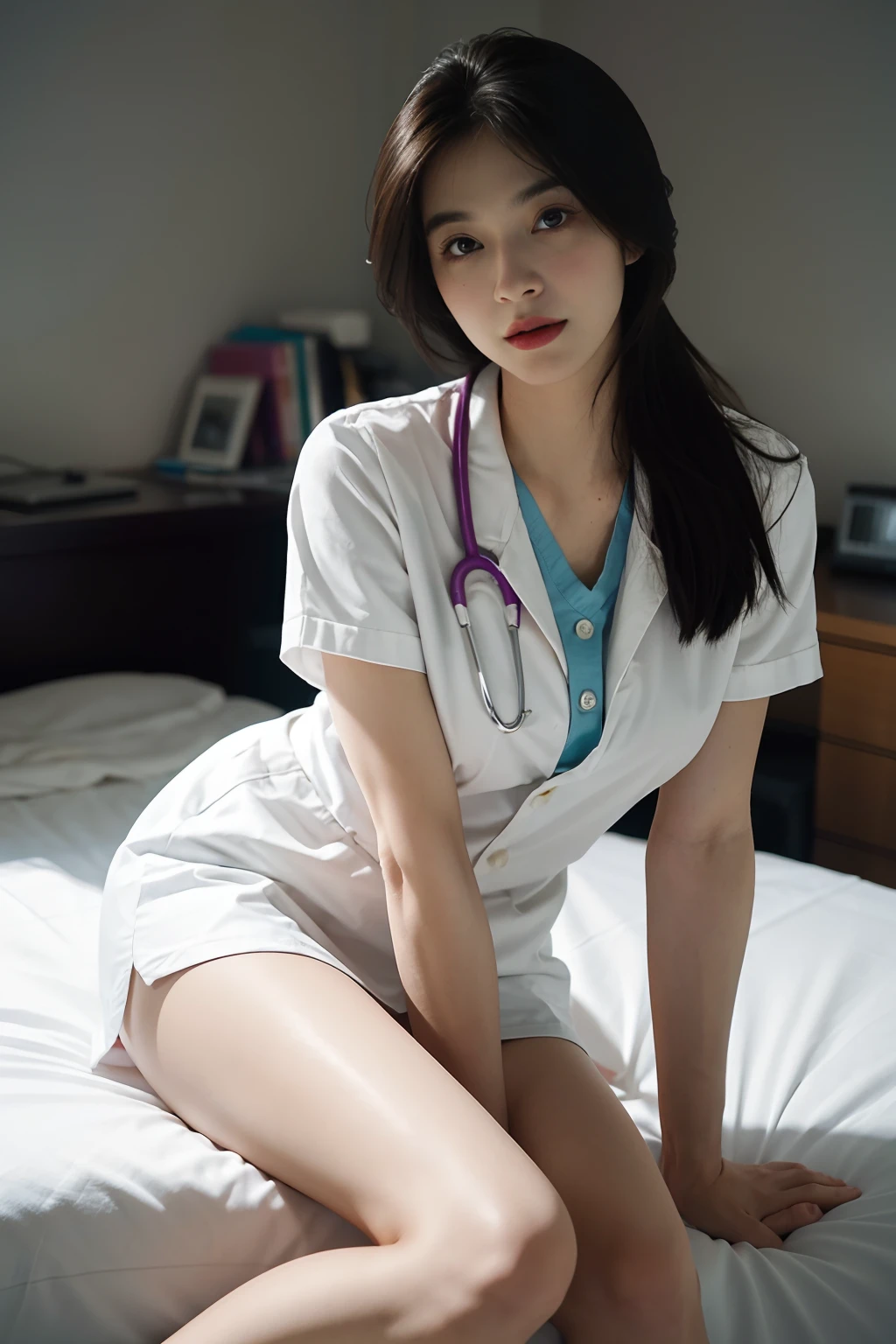 1girls,1girls, bestquality, office,hospital,sitting on the bed,Realistic, real light, small boobs,beste-Qualit, ultra-high resolution, (photorealistic portrait:1.4),master-piece, office, Whole body,Female Doctor,doctor,Female Doctor,Long Gown Set,white outfit,undergarment,Sexual temptation,viewer look.,Age 36 years,stethoscope