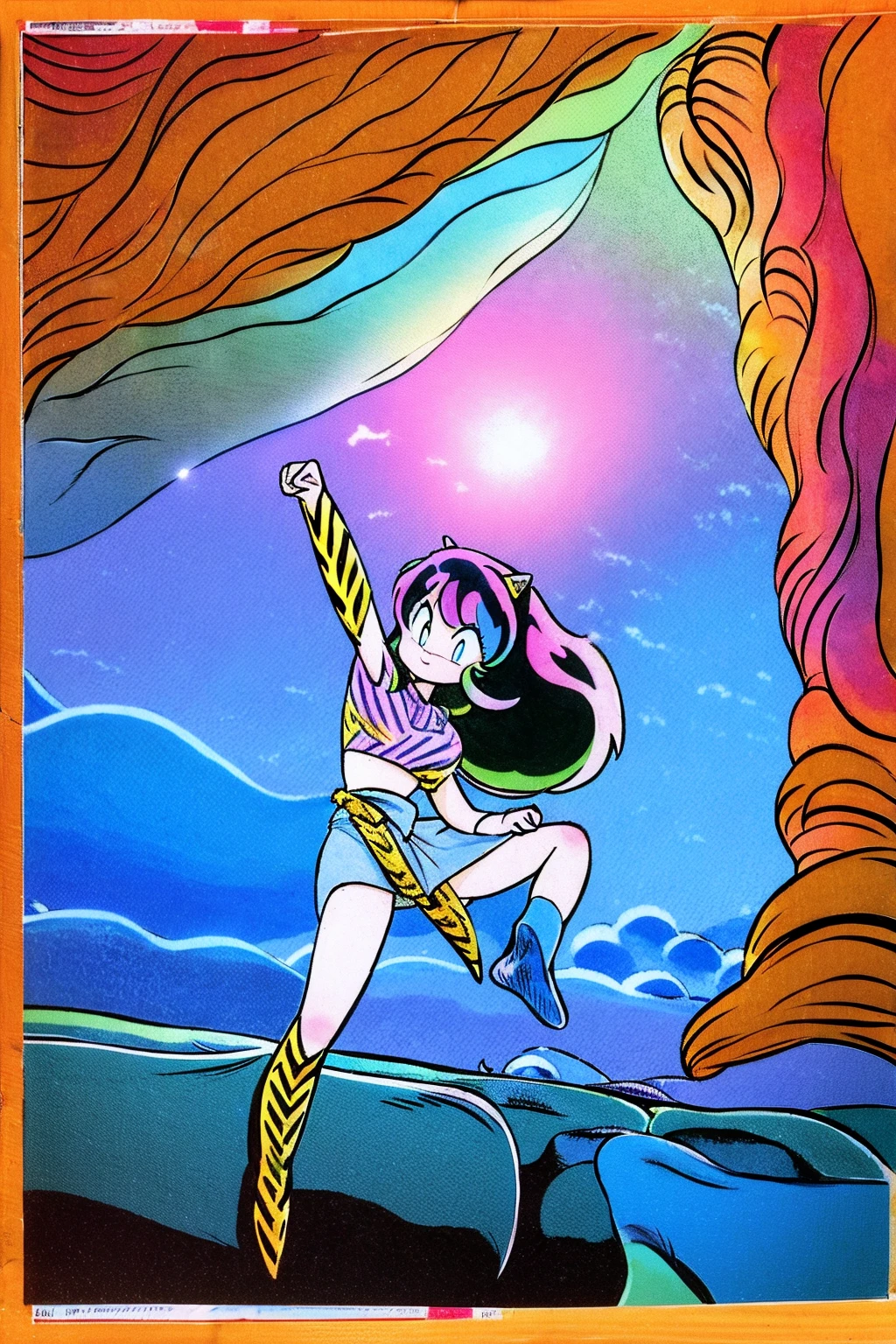 lum, superhero costume, urusei yatsura, cloak, pants, pullover, kimono, martial pov, pantyhose, sharp teeth, standing, smile, martial art, (best quality,4k,8k,highres,masterpiece:1.2), ultra-detailed, (c:1.37), HDR, UHD, studio lighting, ultra-fine painting, sharp focus, physically-based rendering, extreme detail description, professional, vivid colors, bokeh, portraits,landscape,horror,anime,sci-fi,photography,concept artists, vibrant colors, soft lighting,takahashi rumiko