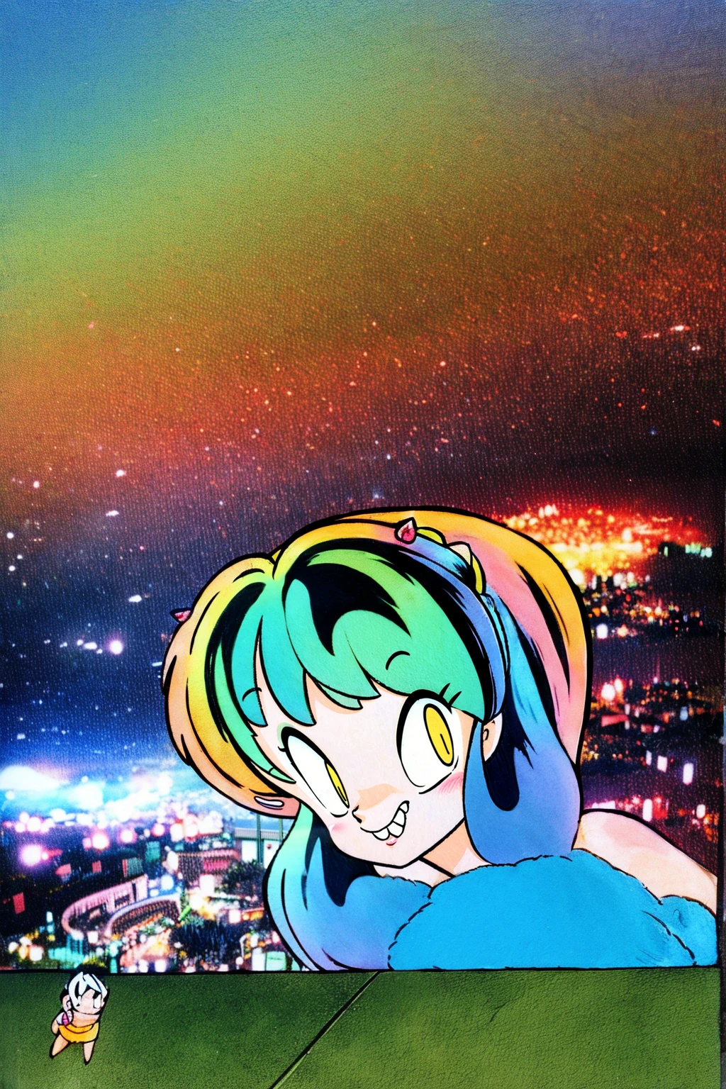 lum, superhero costume, urusei yatsura, cloak, pants, pullover, kimono, martial pov, pantyhose, sharp teeth, standing, smile, martial art, (best quality,4k,8k,highres,masterpiece:1.2), ultra-detailed, (c:1.37), HDR, UHD, studio lighting, ultra-fine painting, sharp focus, physically-based rendering, extreme detail description, professional, vivid colors, bokeh, portraits,landscape,horror,anime,sci-fi,photography,concept artists, vibrant colors, soft lighting,takahashi rumiko