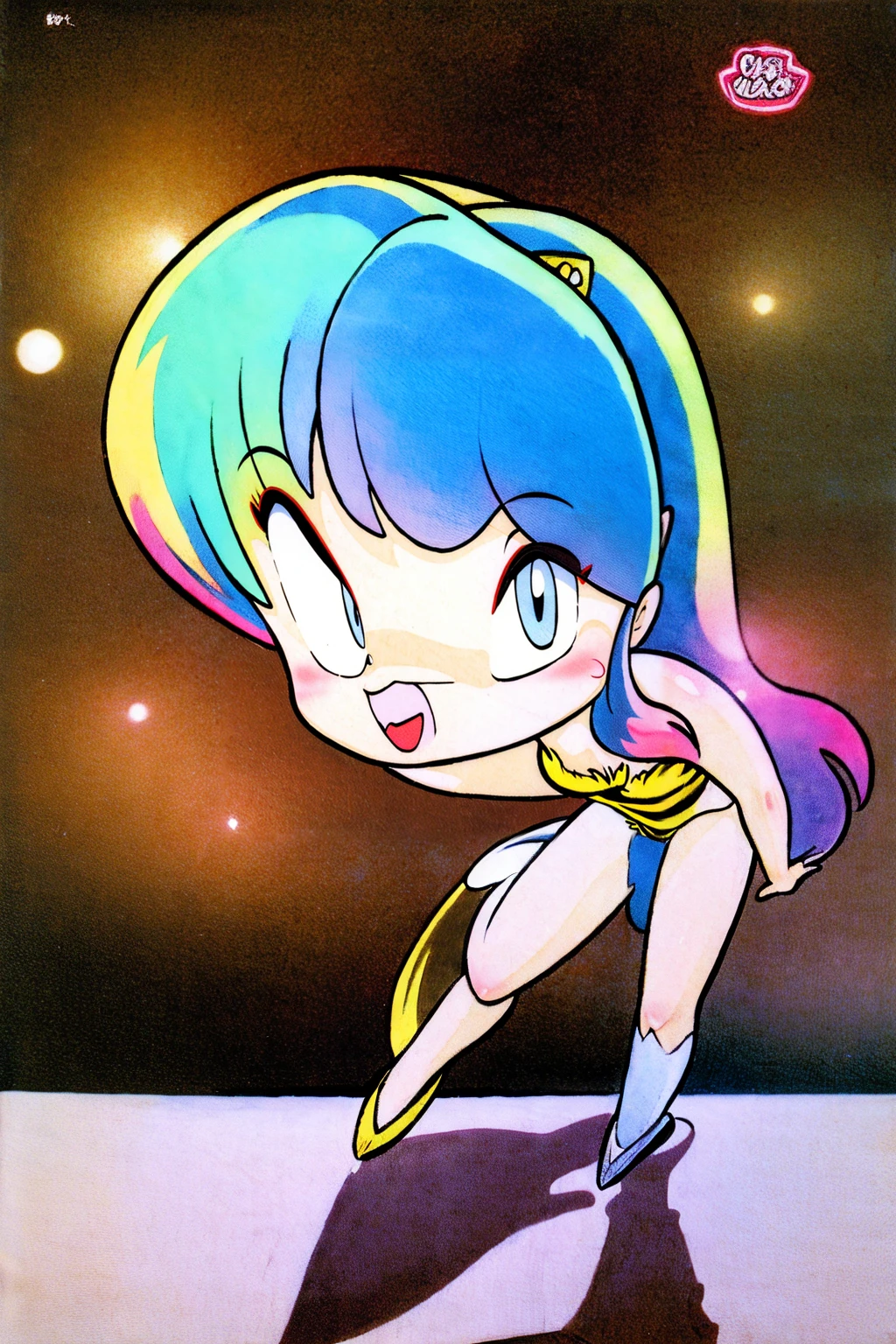 lum, superhero costume, urusei yatsura, cloak, pants, pullover, kimono, martial pov, pantyhose, sharp teeth, standing, smile, martial art, (best quality,4k,8k,highres,masterpiece:1.2), ultra-detailed, (c:1.37), HDR, UHD, studio lighting, ultra-fine painting, sharp focus, physically-based rendering, extreme detail description, professional, vivid colors, bokeh, portraits,landscape,horror,anime,sci-fi,photography,concept artists, vibrant colors, soft lighting,takahashi rumiko