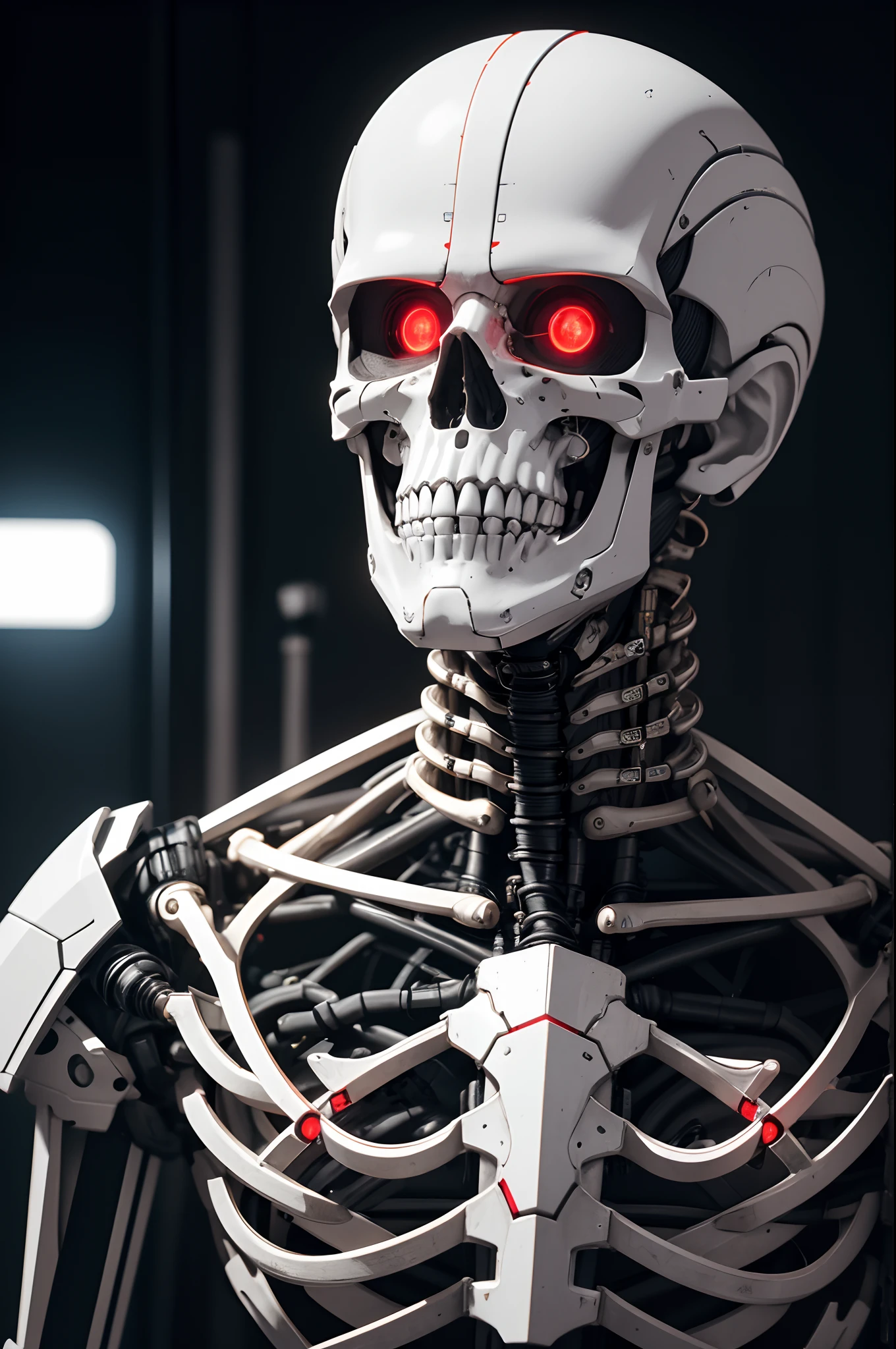 8K,The camera eye of one eye that glows red is exposed.,Fleshed out young man head humanoid electronic system |Cyborg Man|Visible Detailed Brain|With a heart of visible detail|Muscle Cable Wire|bio punk|cybernetic|cyberpunked|Connected to a large number of cables,LED to issue,White marble bust|Canon M50 |100mm|foco nítido|smoother|Hyper-Realism|high-detail|Intricate details|Metal skeleton,Fleshing out half of the jaw,