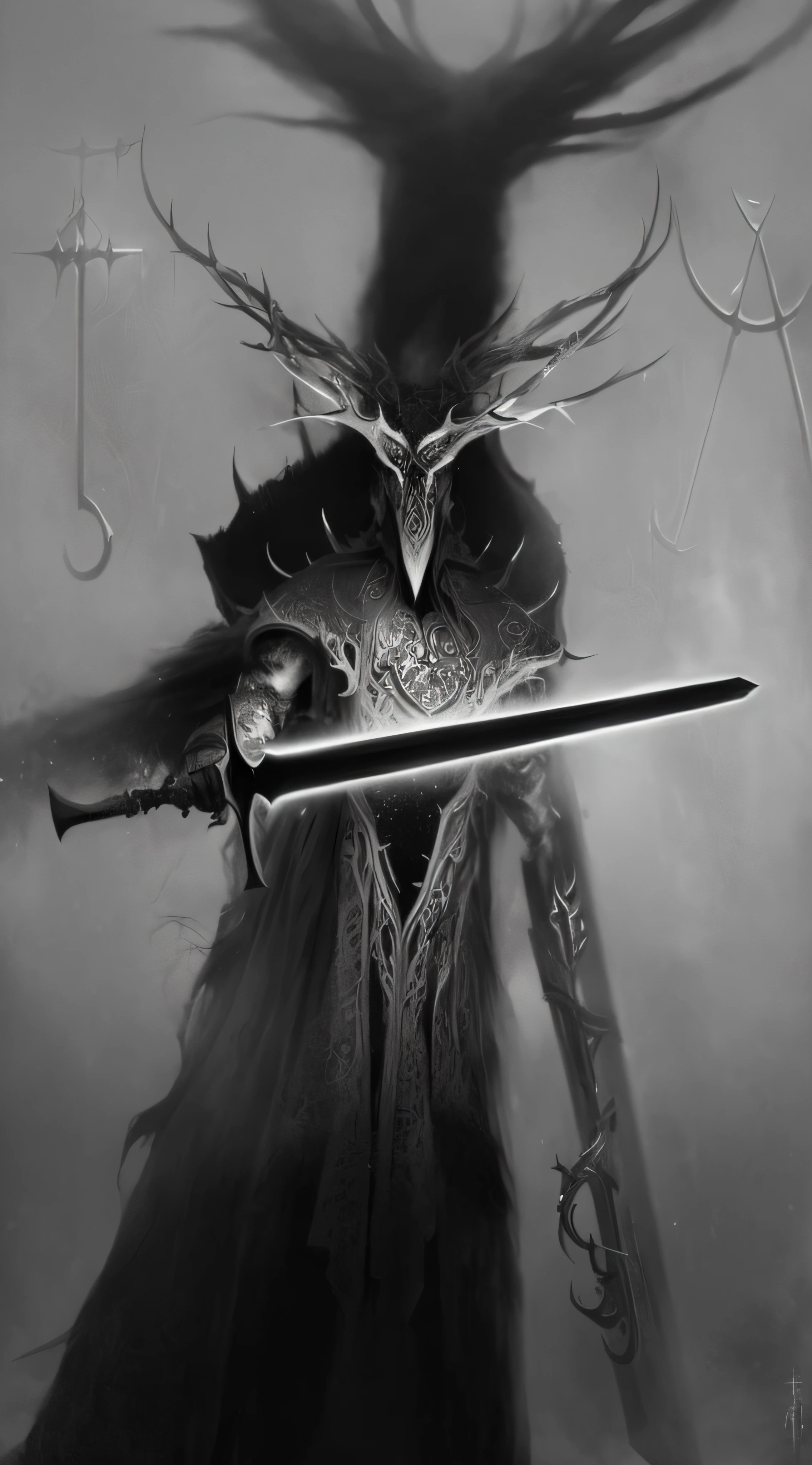 a black and white photo of a person with a sword, dark fantasy style art, in style of dark fantasy art, dark fantasy concept art, dark high-contrast concept art, dark soul concept, an ominous fantasy illustration, dark fantasy character design, sword antlers, dark soul concept art, dark fantasy illustration, dark concept art