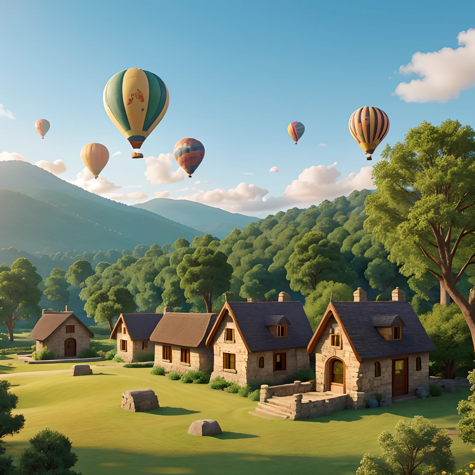 Stone Cottages, hot air balloons, Floresta, montanhas