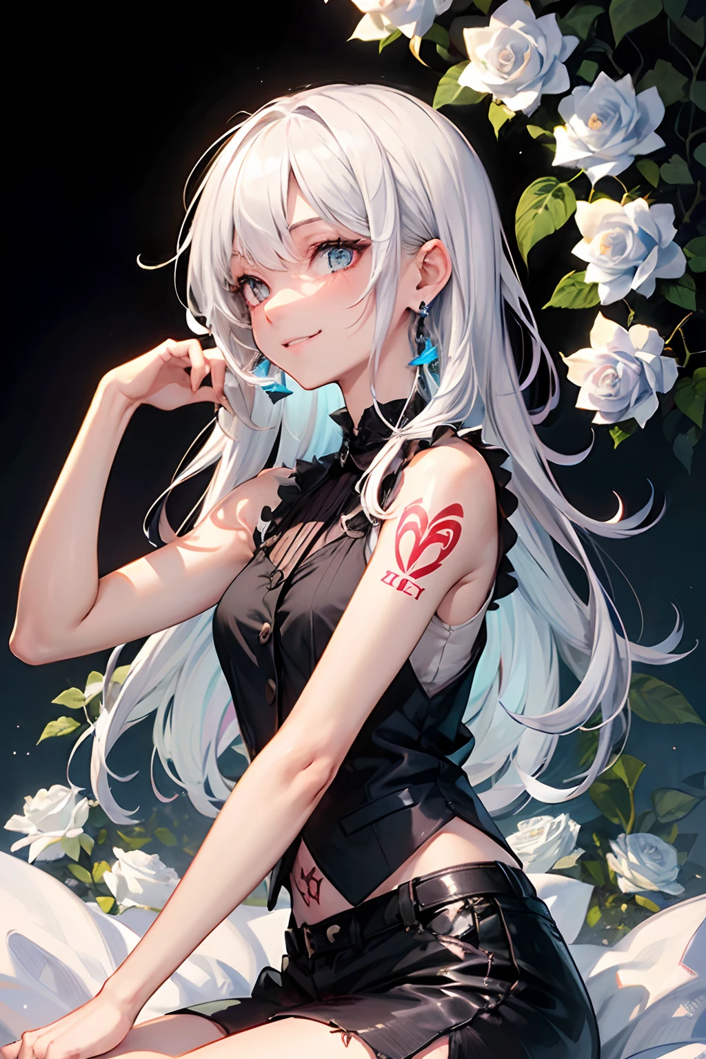 1girl, white hair, messy hair, long hair, black short vest, black ripped shorty, strings, earrings, shaman, almond eyes, demon soft tail, tattoos on right arm, cross earring, masterpiece, beautiful and aesthetic, illustration, smile, high quality, professional art, fancy background, blue roses, white roses