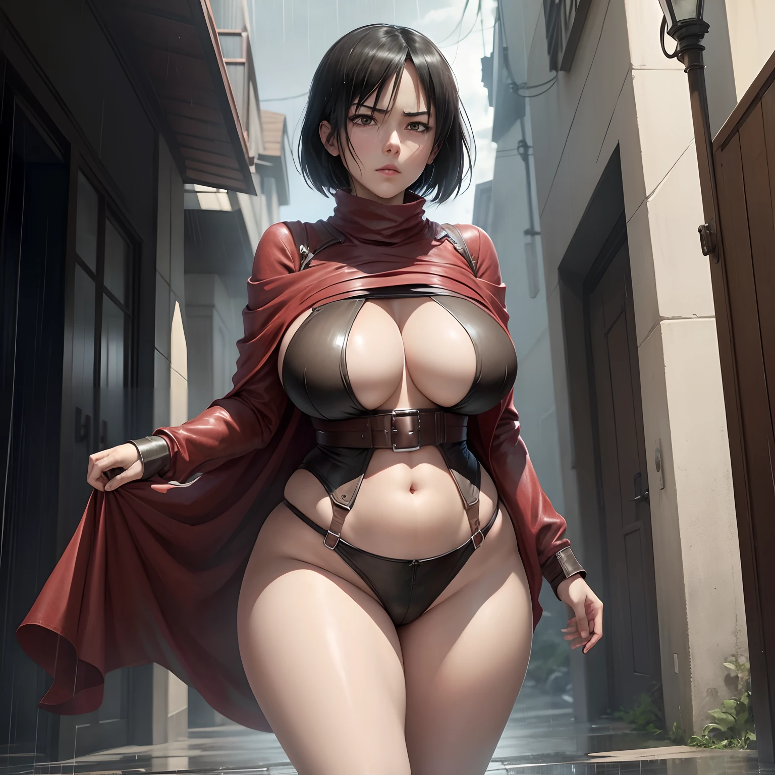 Do art for the character Mikasa Ackerman in the fourth season of the anime series: Attack on Titan 、Very gigantic-breasts、Slim waist、Big ass、Exposed skin a lot、(very heavy rain)