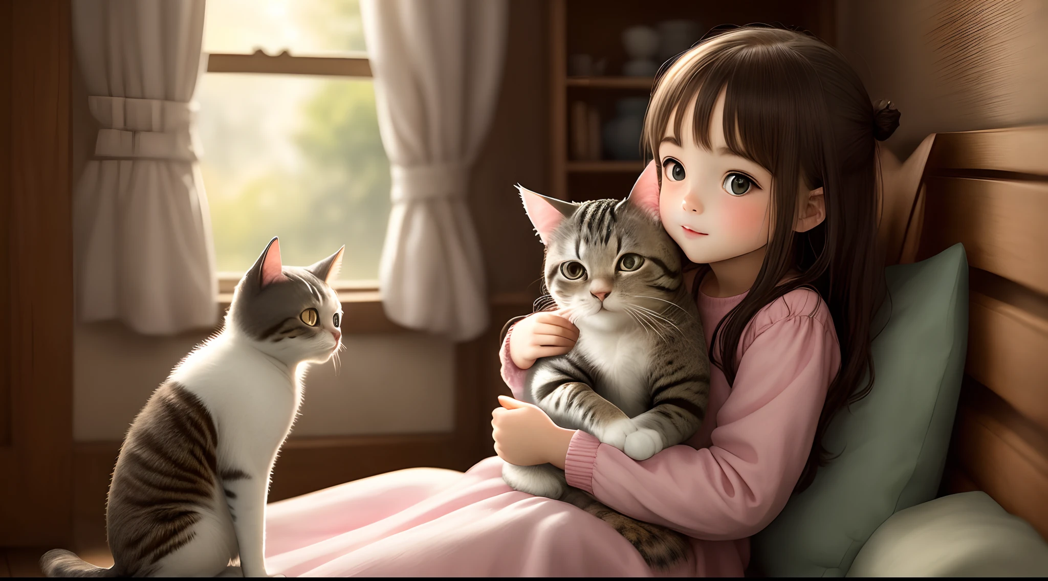 Anime girl sitting on a bench with cat and butterfly、リアルなAnime Cat、Realistic anime art style、Cute realistic portrait、Anime Cat、Beautiful Anime Cat Girl、Realistic anime art style、Anime realism style、anime catgirl、非常に美しいAnime Catの女の子、Realistic anime 3D style、Very beautiful cute cat girl、かわいいAnime Catの女の子、In anime style