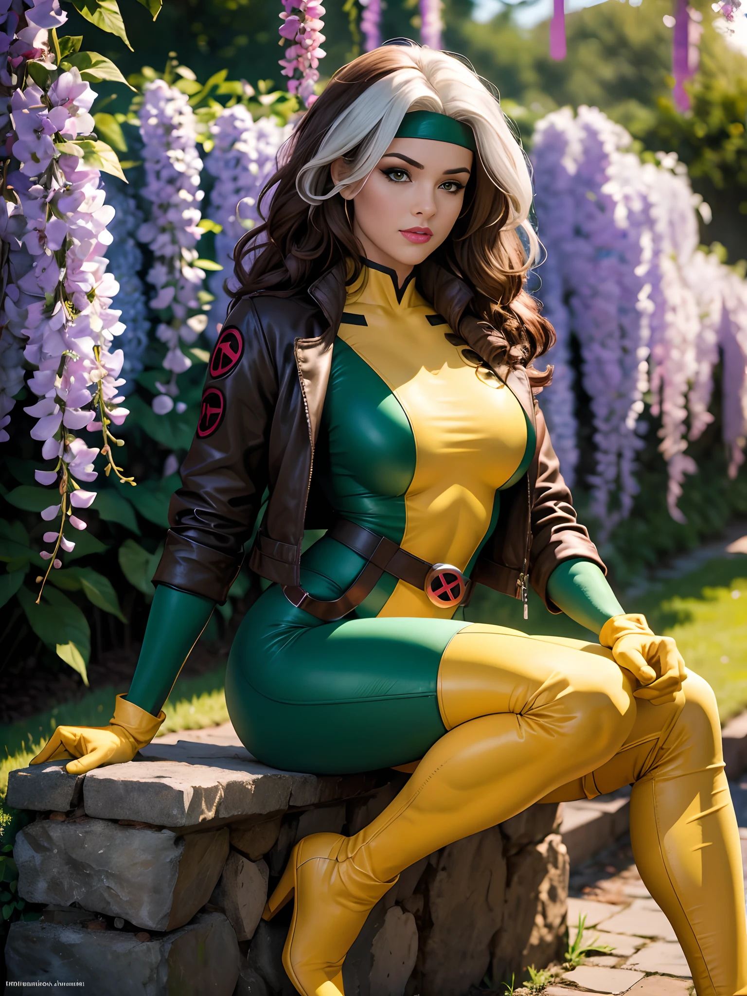 (masterpiece:1.0), (best_quality:1.2), Classic Rogue, 1991 Rogue X-Men, 1 girl, Only, full body view, sitting, legs crossed, facing the viewer, medium length hair, brown hair, wavy hair, messy hair, one lock of white hair, green headband, green eyes, mischievous look, smirking, parted lips, curvy figure, medium to large breasts, lipstick, makeup, jacket, gloves, belt, all green bodysuit, skin tight, open jacket, green boots, Looking at the Viewer, sunlight, sunrays, light source from the side, (realism: 1.5), (Realistic: 1.4), (Absurdity:1.4), 8k, ultra-detailed, Detailed Beautiful Woman, (only:1.4) , 1girl, background of garden, stone walls and pathways, wisteria trees, outside of mansion, official art, extremely detailed CG unity 8k wallpaper, perfect lighting, Colorful, ultra high res, photography, 8K, HDR, Kodak portra 400, film grain, blurry background, (bokeh:1.2), lens flare, (vibrant_color:1.2), professional photograph, (skin texture:1.1), best quality, ultra high res, (photorealistic: 1.4), Raw photo, by Ellen von Unwerth, Nikon D850 Film Stock Photography, F1.6 Lens, Rich Colors, Realistic, Cinestill 800, backlight, rimlighting, studiolighting