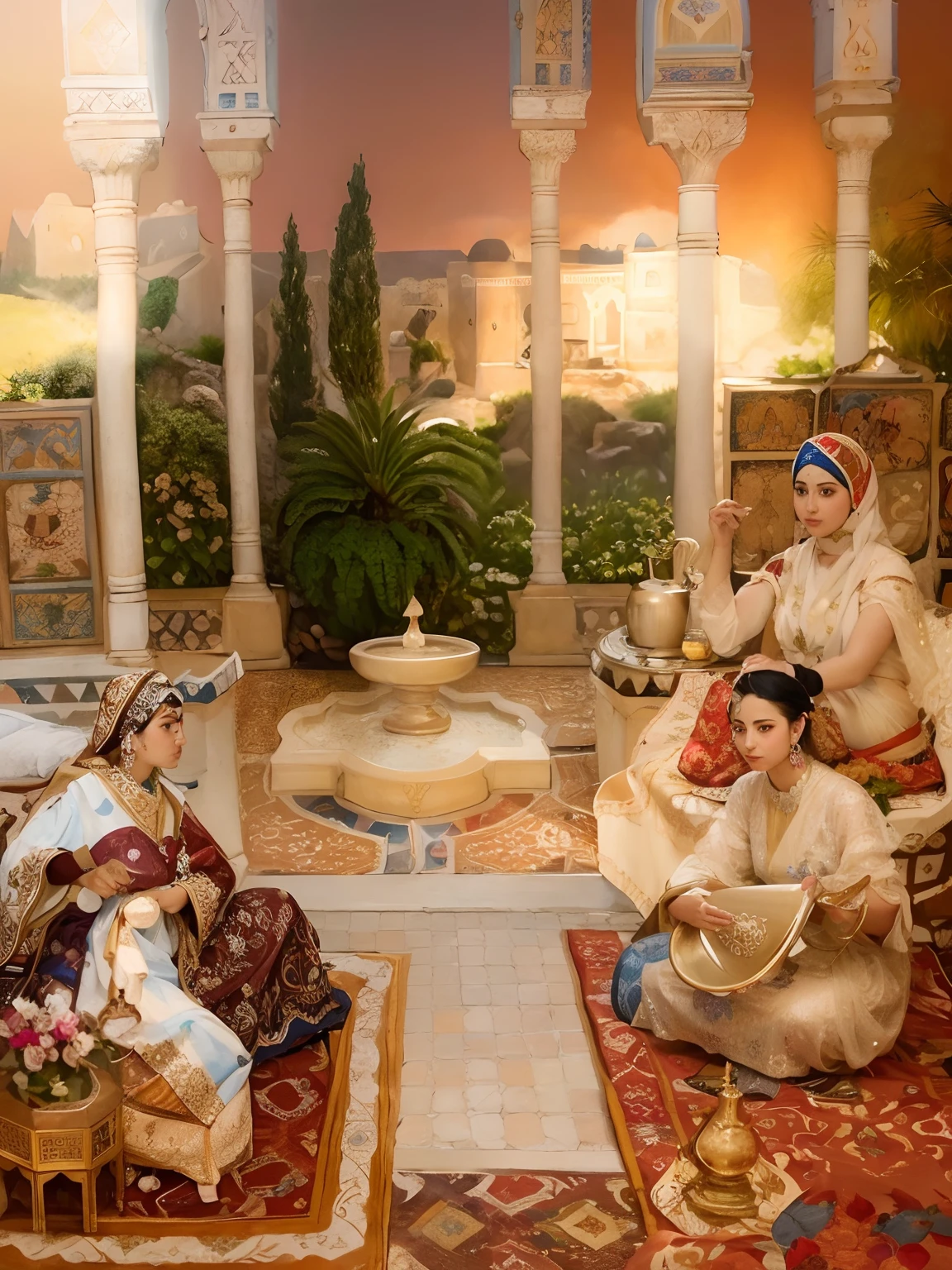 Painting of a group of women sitting in a room with a fountain, Peinture orientaliste, Peinture orientaliste, by Abdullah Gërguri, Art Qajar, Style artistique des contes populaires persans, inspired by Osman Hamdi Bey, par Sohrab Sepehri, dans le style de la peinture ancienne, Peinture de Samarcande, Art arabe