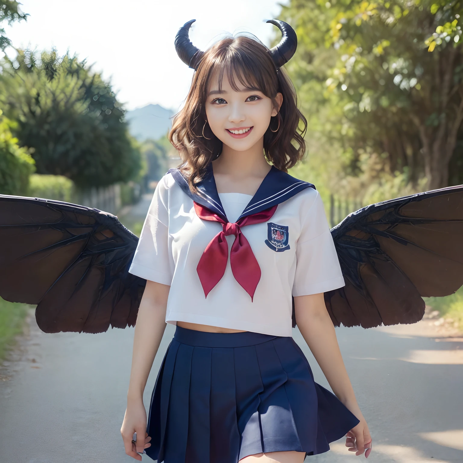 (((masutepiece、top-quality、Depiction of the most intricate and detailed details)))((1 schoolgirl、Wearing a sailor suit、School Sailor Uniform、Perfect sailor suit、Red ribbons、Navy skirt))、((Huge and intricate demon wings,Wings with a very elaborate texture,Wings with a very complex texture,Creature wings with a very realistic texture,Wings of a terrifying monster,Terrible and ugly wings、The most terrifying wings、Big Devil's Horn,Realistic and big horns,Creepy horns,Horn with a very elaborate texture、Terrible and ugly horns、((The background is the route to school、Walking along the school route surrounded by nature、Walking on the way to school))、8K,An ultra-high picture quality,The most beautiful idol faces,Mature Face、The biggest smile staring at the camera、美丽的面容、Beautiful teeth、natural make up、Natural bright lighting、short-hair、waved hair、Classy wavy hair