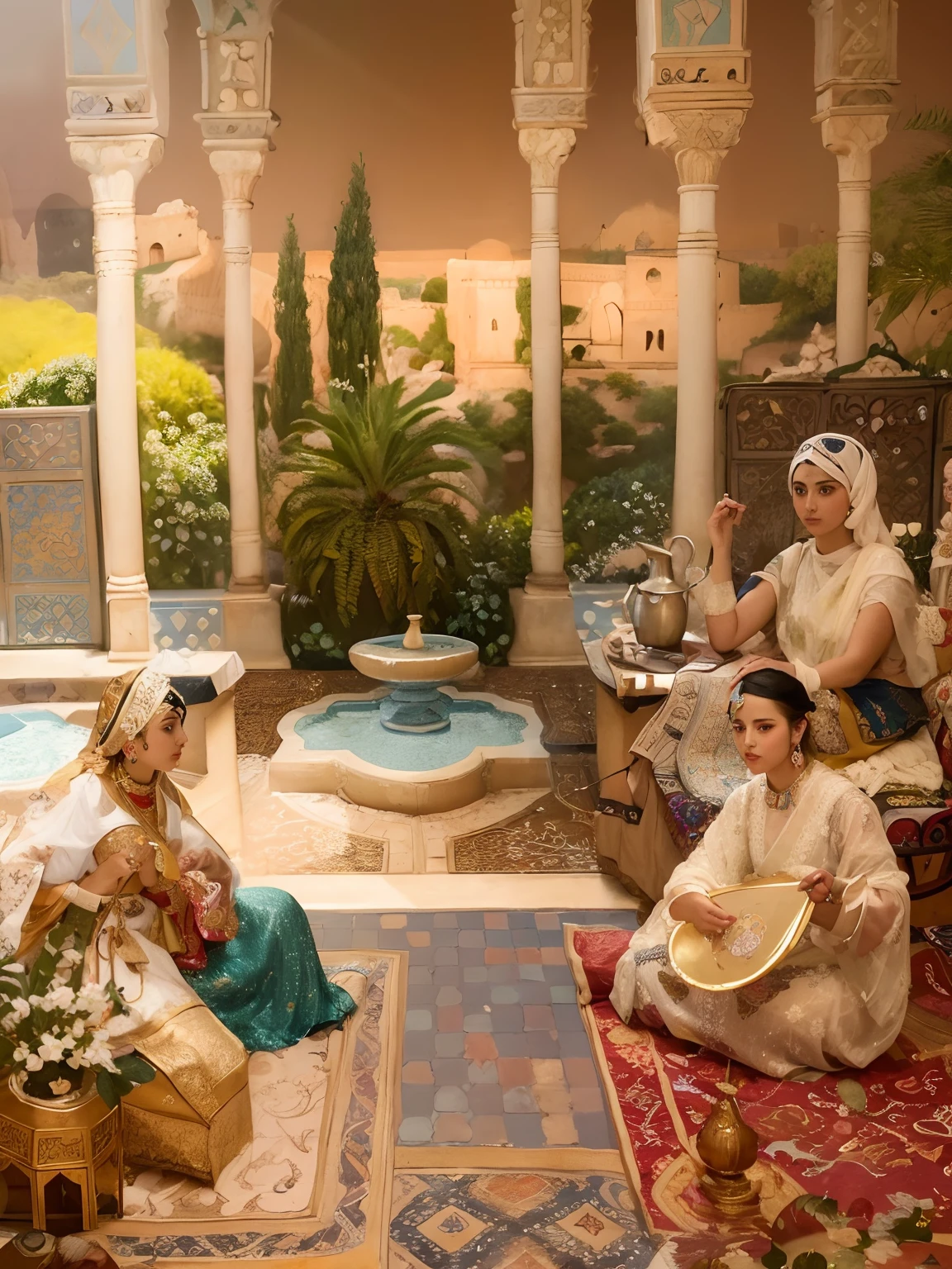 Painting of a group of women sitting in a room with a fountain, Peinture orientaliste, Peinture orientaliste, by Abdullah Gërguri, Art Qajar, Style artistique des contes populaires persans, inspired by Osman Hamdi Bey, par Sohrab Sepehri, dans le style de la peinture ancienne, Peinture de Samarcande, Art arabe