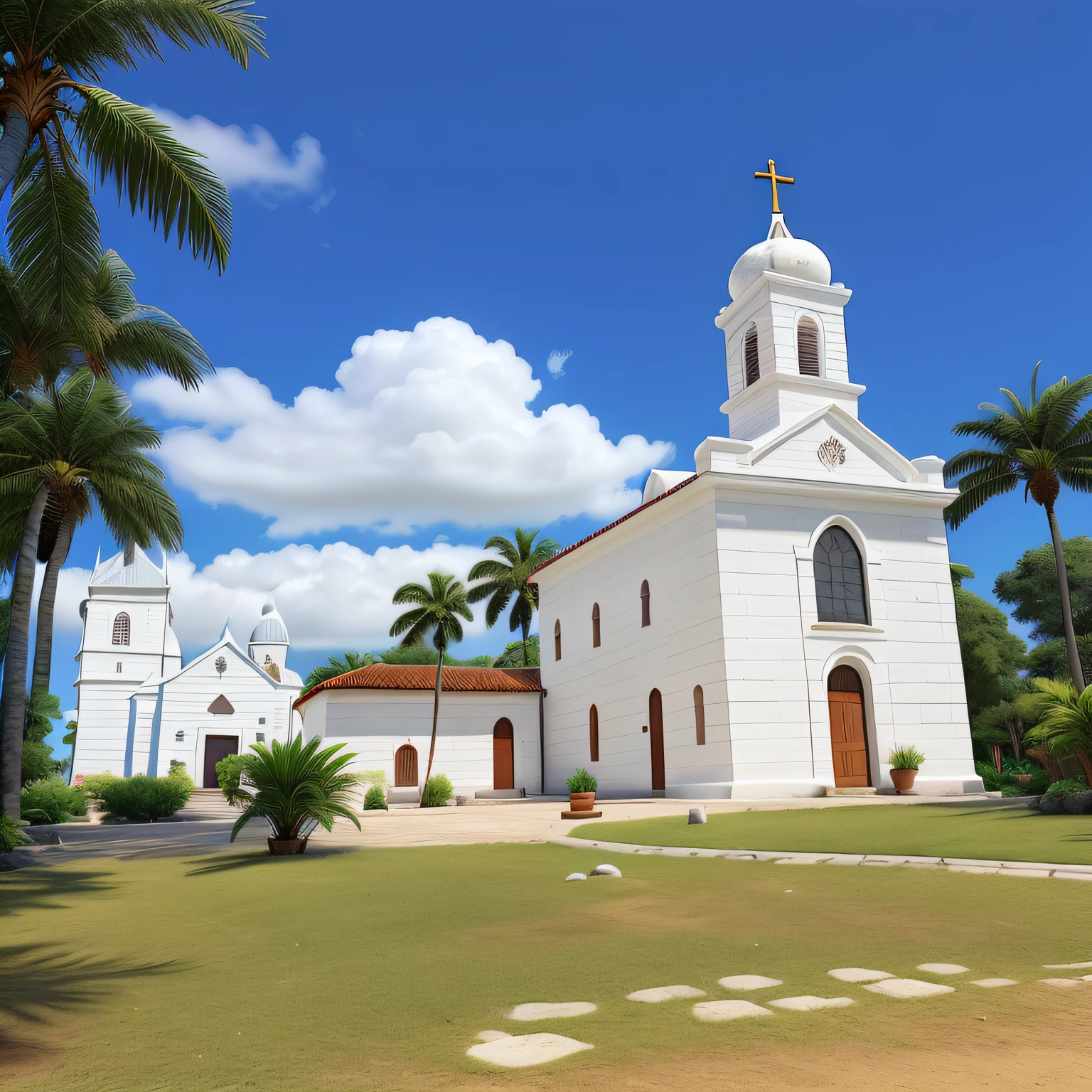 Church in the center of a square;
The Church is completely painted white, the highest tower of the Church is rounded with a Cross at the top, all the doors and windows of the church are green, the Church in the background has a rounded top with a colonial roof in red; In the square there is a lot of greenery, with various flowers, coconut trees and palm trees, in the front of the photo there is a floor made of stones, the sky is very blue with two clouds.