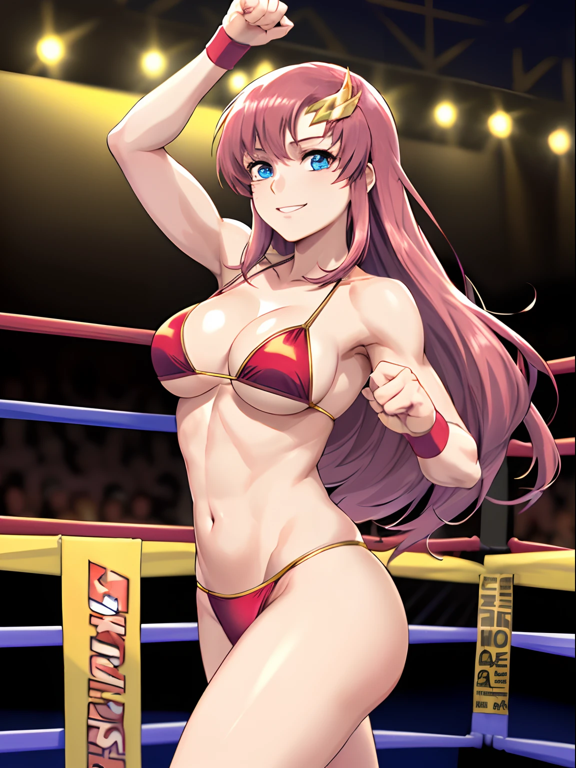 Outdoor, fighter, hot flame theme, (masterpiece, , 4K, Best Quality, Anime style: 1.9,, Adult Woman, ultra detailed face, (cloud background, wrestling), Drawing lines, high resolution, Anime, lacus4), 1girl, Solo, curvy figure, very Long hair, 鎖骨, scapular, (Detailed wide hair bangs, Hair Ornament, Detailed reddish-pink hair, golden crest), cleavage, large hands, (female wrestler). (Big blue eyes, shiny eyes), ((female wrestler, little biceps, slender body, broad shoulders, closed fists)), ((perfect proportions, medium breasts, long belly)), (((red micro bikini, red wrestling gear, champion))), happy, smile, , (belly dancing, looking at the viewer), , showing off underarm, (elegant lady)