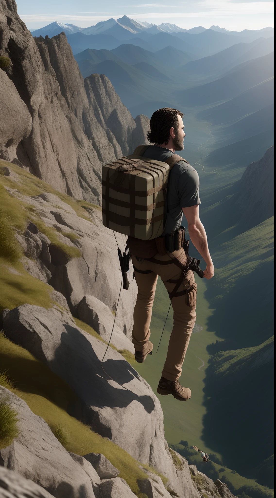 Rick grimes from the walking dead climbing a mountain with boxed funko pops strapped to his back in climbing gear