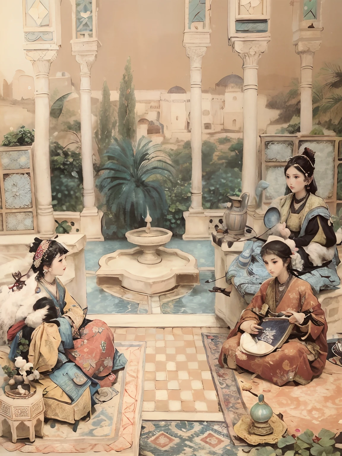 Painting of a group of women sitting in a room with a fountain, Peinture orientaliste, Peinture orientaliste, by Abdullah Gërguri, Art Qajar, Style artistique des contes populaires persans, inspired by Osman Hamdi Bey, par Sohrab Sepehri, dans le style de la peinture ancienne, Peinture de Samarcande, Art arabe