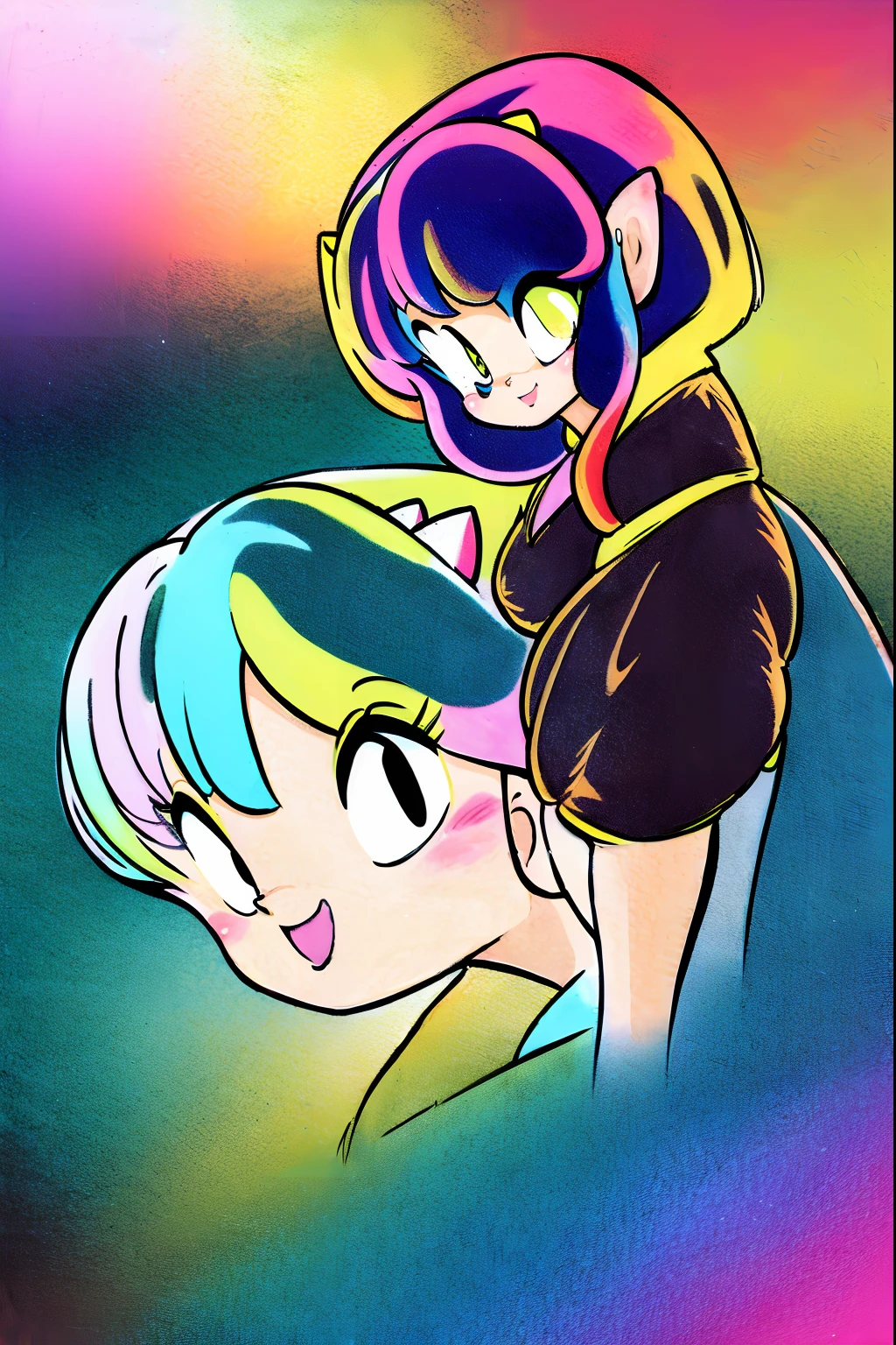 lum, superhero costume, urusei yatsura, cloak, pants, pullover, kimono, martial pov, pantyhose, sharp teeth, standing, smile, martial art, (best quality,4k,8k,highres,masterpiece:1.2), ultra-detailed, (c:1.37), HDR, UHD, studio lighting, ultra-fine painting, sharp focus, physically-based rendering, extreme detail description, professional, vivid colors, bokeh, portraits,landscape,horror,anime,sci-fi,photography,concept artists, vibrant colors, soft lighting,takahashi rumiko