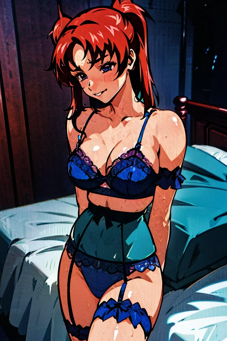 Top image quality、hightquality、Twin-tailed red hair、(((Colossal breasts)))、an lingerie、Exposed chest、Lace bra with dark blue ruffles with clasp、Thick shoulder straps in a dark blue bra、Dark blue lace panties、Dark blue garter stockings、Large, pretty nipples、Beautiful areola、beauty legs、natta、a room、a bed、blushed face、Moist eyes、Seduce a man、sexy pose、A slight smil、Figure-eight eyebrows、Sensational、(SEXY)、
