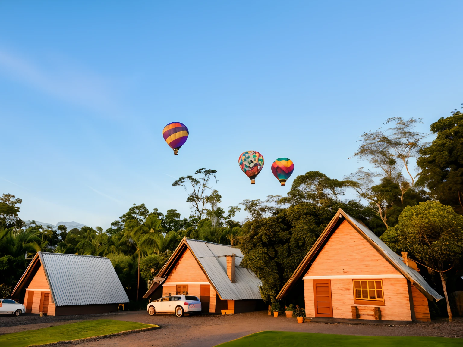 There are three hot air balloons flying over a row of houses, hot air balloons, hot air balloon, as an air balloon, balloon, hanging from a hot air balloon, dusk setting, Glamping, Shutterstock, Globos, viajar, night setting, Foto tirada com Sony A7R, Luz do Sol e Casas Extravagantes, sunny morning light, em cima, ao nascer do sol, voador