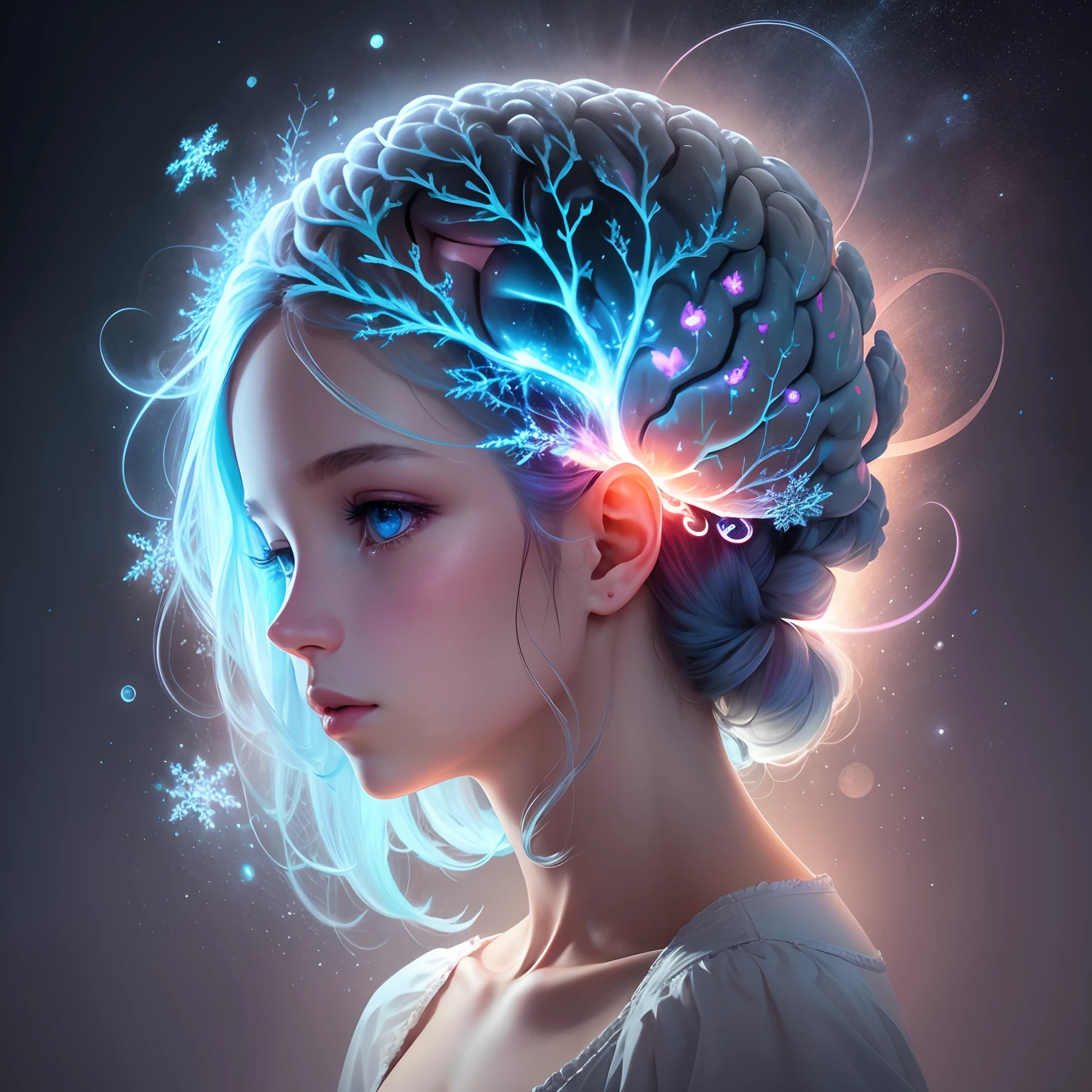 Create an image of a human brain, illuminated by a ray of light, on a dark background with snowflakes. Use cool colors and contrast to create a sense of mystery and curiosity. The brain must be realistic and detailed, showing its different parts and functions. --auto --s2