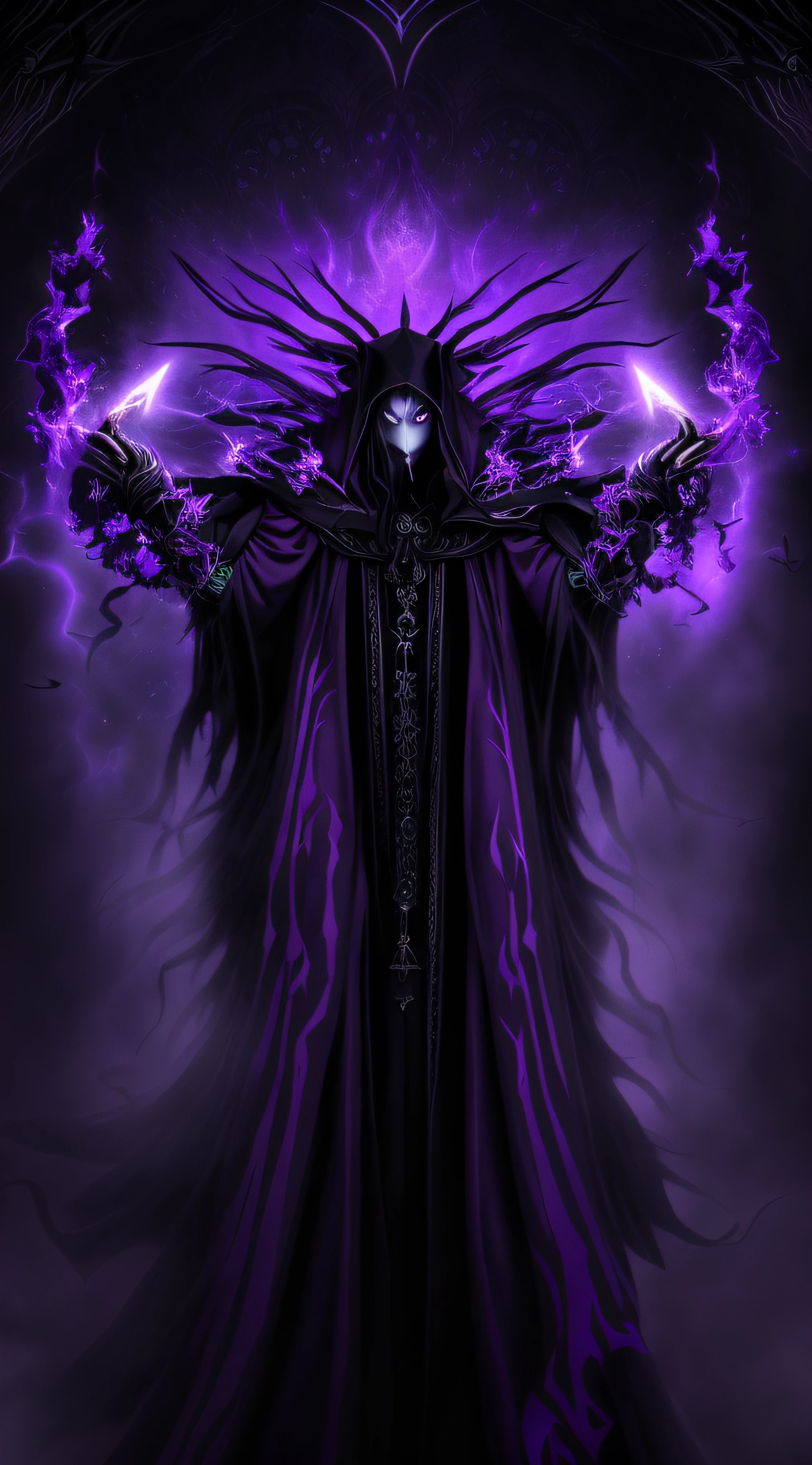 a close up of a person with a long hair and a purple light, dark cloaked necromancer, evil sorcerer, evil wizard, dark wizard, evil male sorcerer, dark flower shaman, dark robed, dark witch character, dark flowing robe, with black magic powers, old male warlock, dark hooded wraith, venomous sorcerer