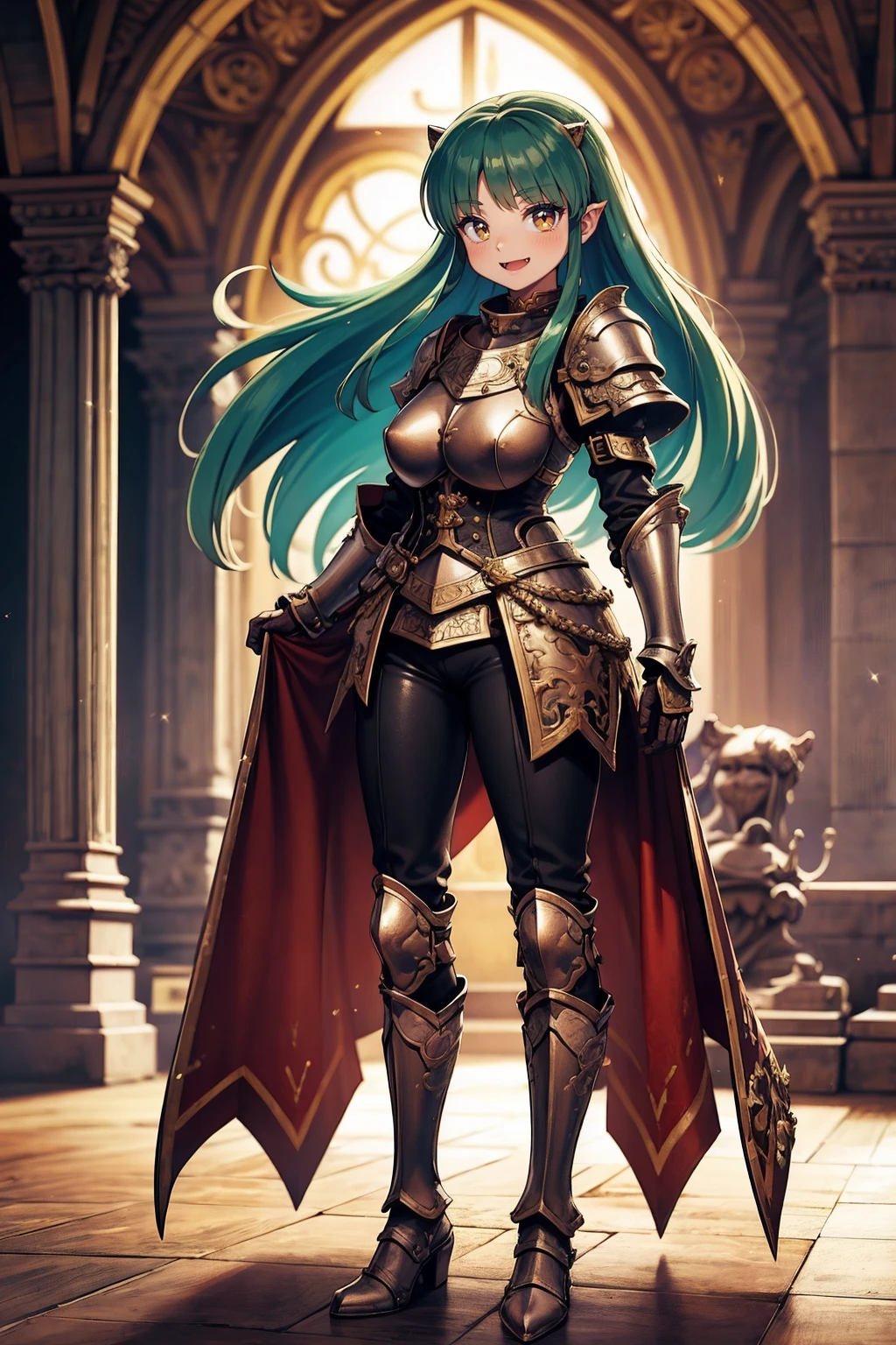 masterpiece, best quality,medieval armor, corset, breastplate,lum, , urusei yatsura, cloak, pants, pullover, kimono,martial pov,, pantyhose, sharpteeth, standing,smile, matial art,, full body, boots , pant, medium breast, pants, pullover,martial pov,god rays, ray tracing, sparkle, cinematic lighting, UHD, retina, masterpiece, ccurate, anatomically correct, textured skin, super detail, high details, high quality, award winning, best quality, highres, 1080P, HD, 4K, thunder aura, light aura