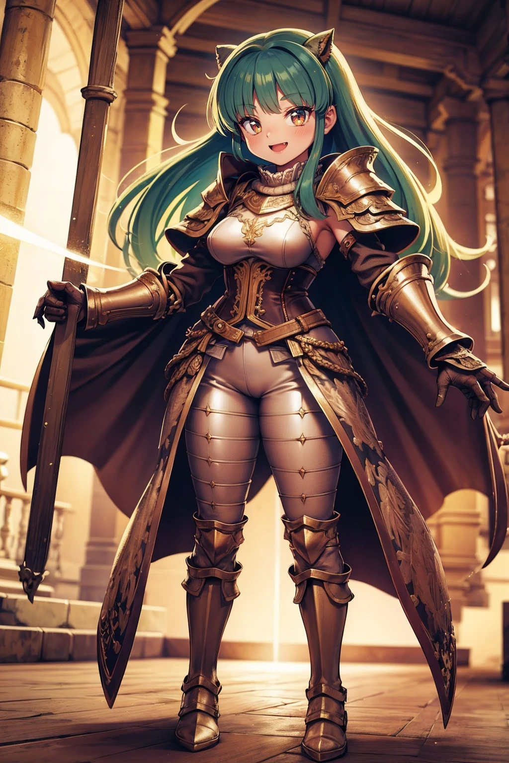 masterpiece, best quality,medieval armor, corset, breastplate,lum, , urusei yatsura, cloak, pants, pullover, kimono,martial pov,, pantyhose, sharpteeth, standing,smile, matial art,, full body, boots , pant, medium breast, pants, pullover,martial pov,god rays, ray tracing, sparkle, cinematic lighting, UHD, retina, masterpiece, ccurate, anatomically correct, textured skin, super detail, high details, high quality, award winning, best quality, highres, 1080P, HD, 4K, thunder aura, light aura