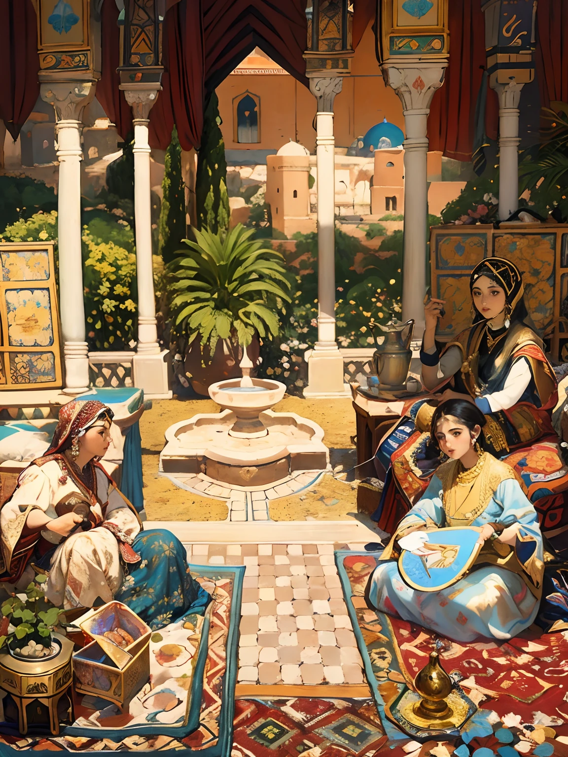 Painting of a group of women sitting in a room with a fountain, Peinture orientaliste, Peinture orientaliste, by Abdullah Gërguri, Art Qajar, Style artistique des contes populaires persans, inspired by Osman Hamdi Bey, par Sohrab Sepehri, dans le style de la peinture ancienne, Peinture de Samarcande, Art arabe