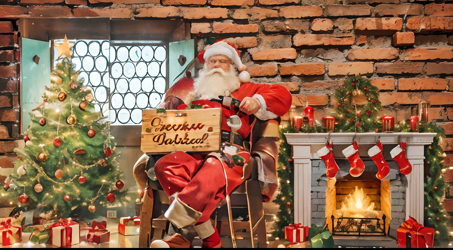 there is a coke santa claus sitting in a chair holding a coke in one hand and the other a hammer and ruler, and a sign writed 'for sparkling holidays', in a cozy christmas ambience with a adornated christmas room with a cozy brick fireplace, a room full of christmas decorations, do it better, refine the objects