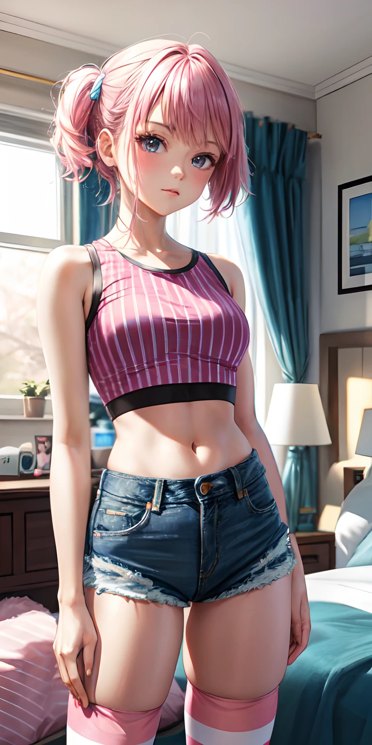 (masterpiece, best quality), 1girl, pink hair, crop top, denim shorts, bedroom, striped thighhighs,