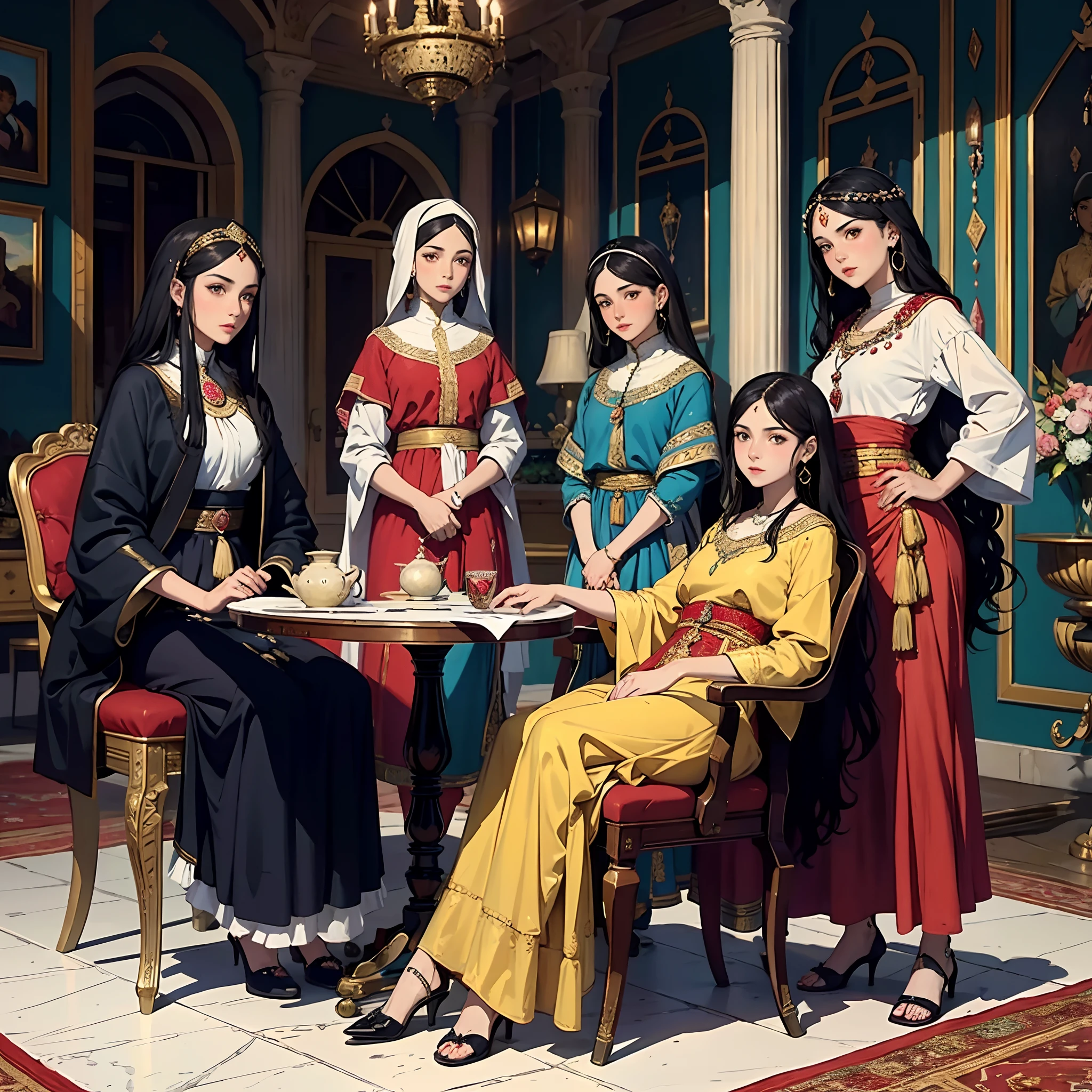 Painting of a group of women sitting in a room with a fountain, Peinture orientaliste, Peinture orientaliste, by Abdullah Gërguri, Art Qajar, Style artistique des contes populaires persans, inspired by Osman Hamdi Bey, par Sohrab Sepehri, dans le style de la peinture ancienne, Peinture de Samarcande, Art arabe