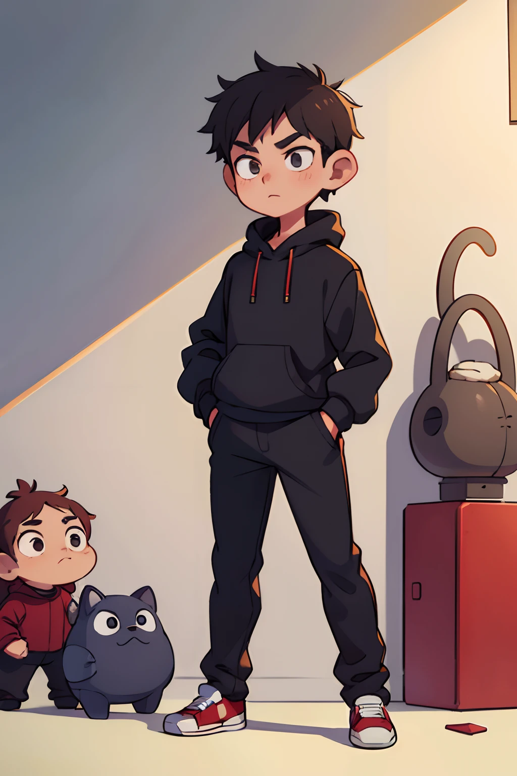 the background is clean,adolable,Q version boys,Black sweatshirt,Gray sweatpants,There is a red satchel on the pants,are standing,Hands crossed at the waist,Facing forward,Gentle light and shadow