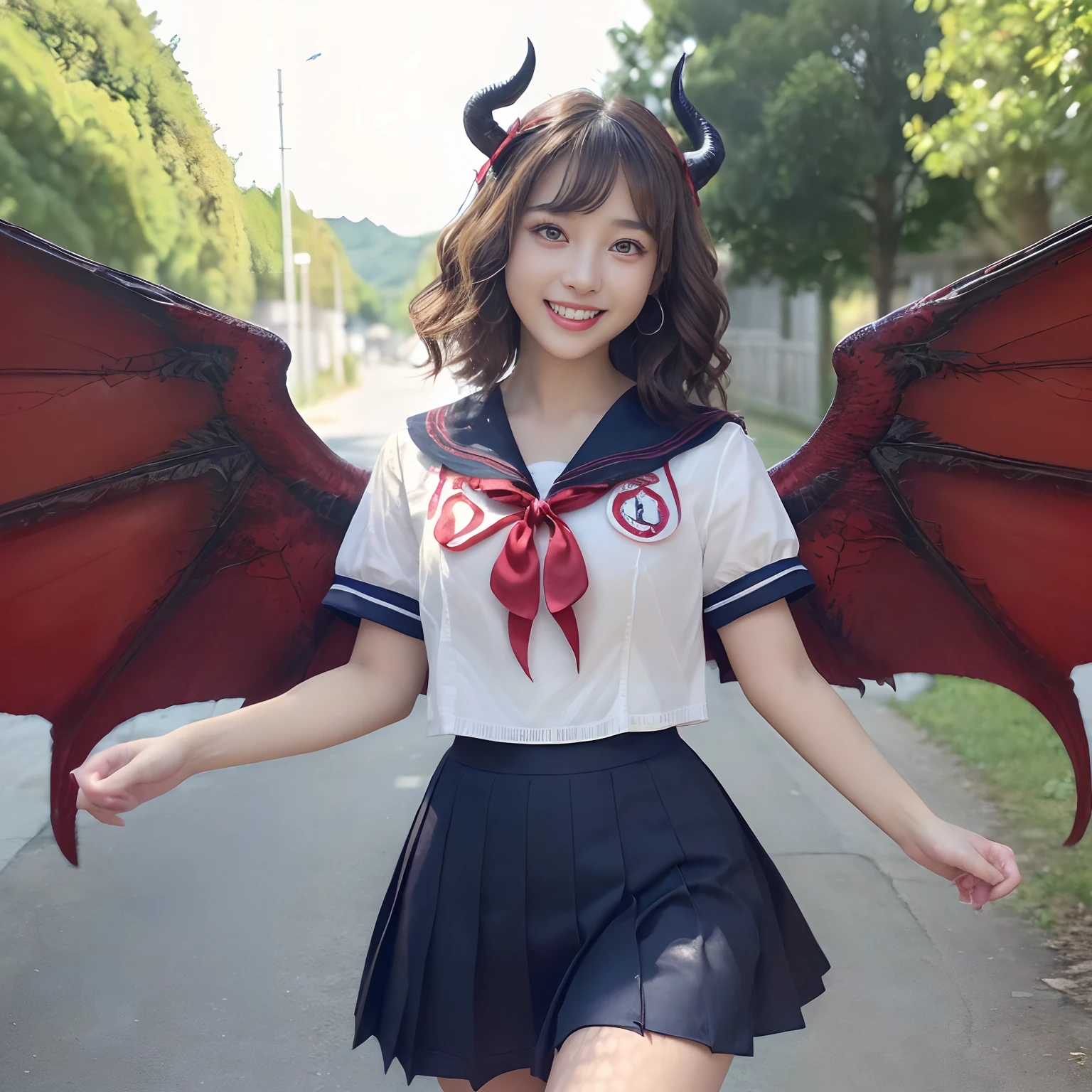 (((masutepiece、top-quality)))((1 girl、Wearing a sailor suit、School Sailor Uniform、Perfect sailor suit、Red ribbons、Navy skirt))、((Huge and intricate demon wings,Wings with a very elaborate texture,Wings with a very complex texture,Creature wings with a very realistic texture,Wings of a terrifying monster,Terrible and ugly wings、The most terrifying wings、Big Devil's Horn,Realistic and big horns,Creepy horns,Horn with a very elaborate texture、Terrible and ugly horns、((The background is the route to school、Walking along the school route surrounded by nature、Walking on the way to school))、8K,An ultra-high picture quality,The most beautiful idol faces,Mature Face、The biggest smile staring at the camera、美丽的面容、Beautiful teeth、natural make up、Natural bright lighting、short-hair、waved hair、Classy wavy hair