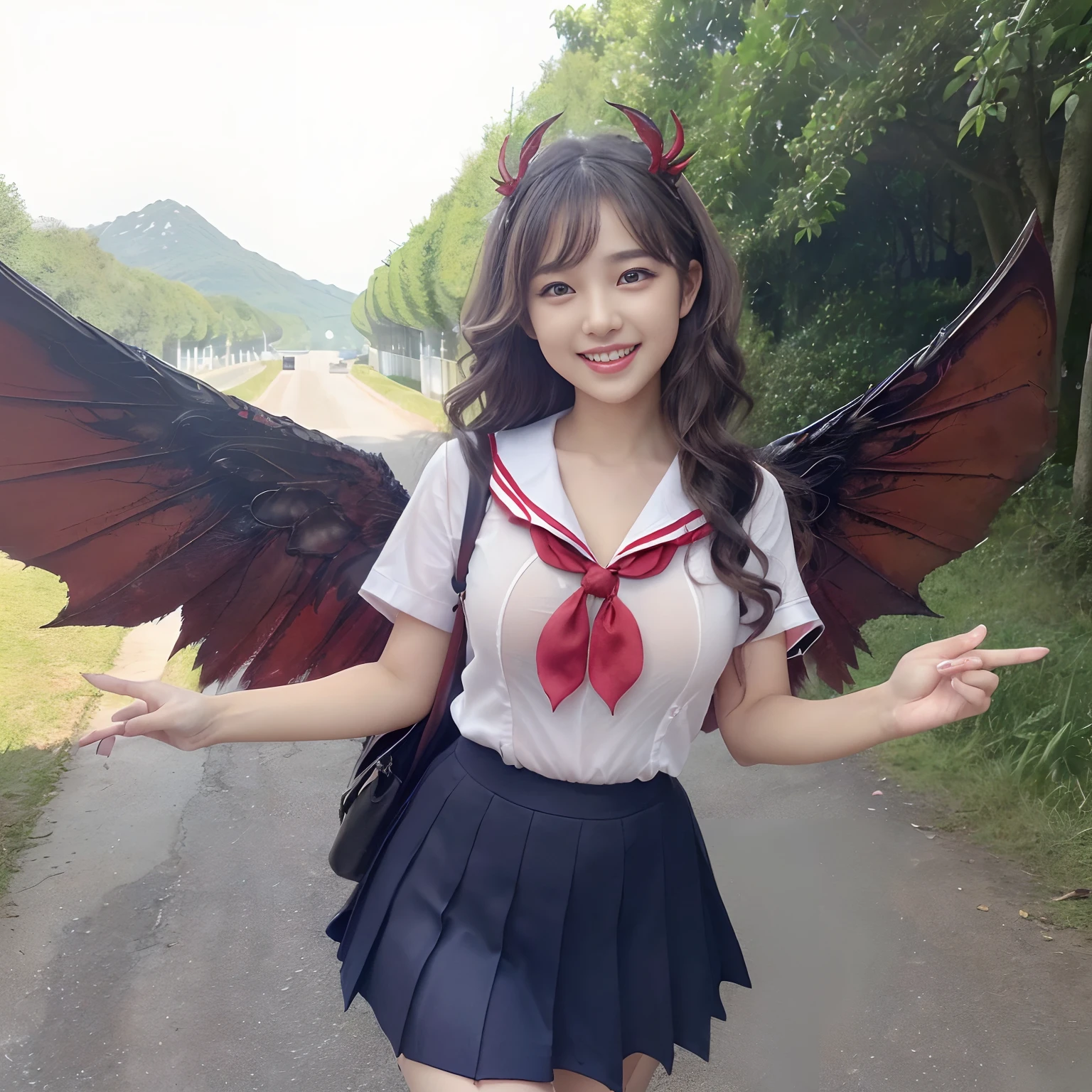 (((masutepiece、top-quality)))、((1 girl、Wearing a sailor suit、School Sailor Uniform、Perfect sailor suit、Red ribbons、Navy skirt))、((Huge and intricate demon wings,Wings with a very elaborate texture,Wings with a very complex texture,Creature wings with a very realistic texture,Wings of a terrifying monster,Terrible and ugly wings、The most terrifying wings、Big Devil's Horn,Realistic and big horns,Creepy horns,Horn with a very elaborate texture、Terrible and ugly horns、((The background is the route to school、Walking along the school route surrounded by nature、Walking on the way to school))、8K,An ultra-high picture quality,The most beautiful idol faces,Mature Face、The biggest smile staring at the camera、美丽的面容、Beautiful teeth、natural make up、Natural bright lighting、long、waved hair、Classy wavy hair、Emphasize body lines、Slimed