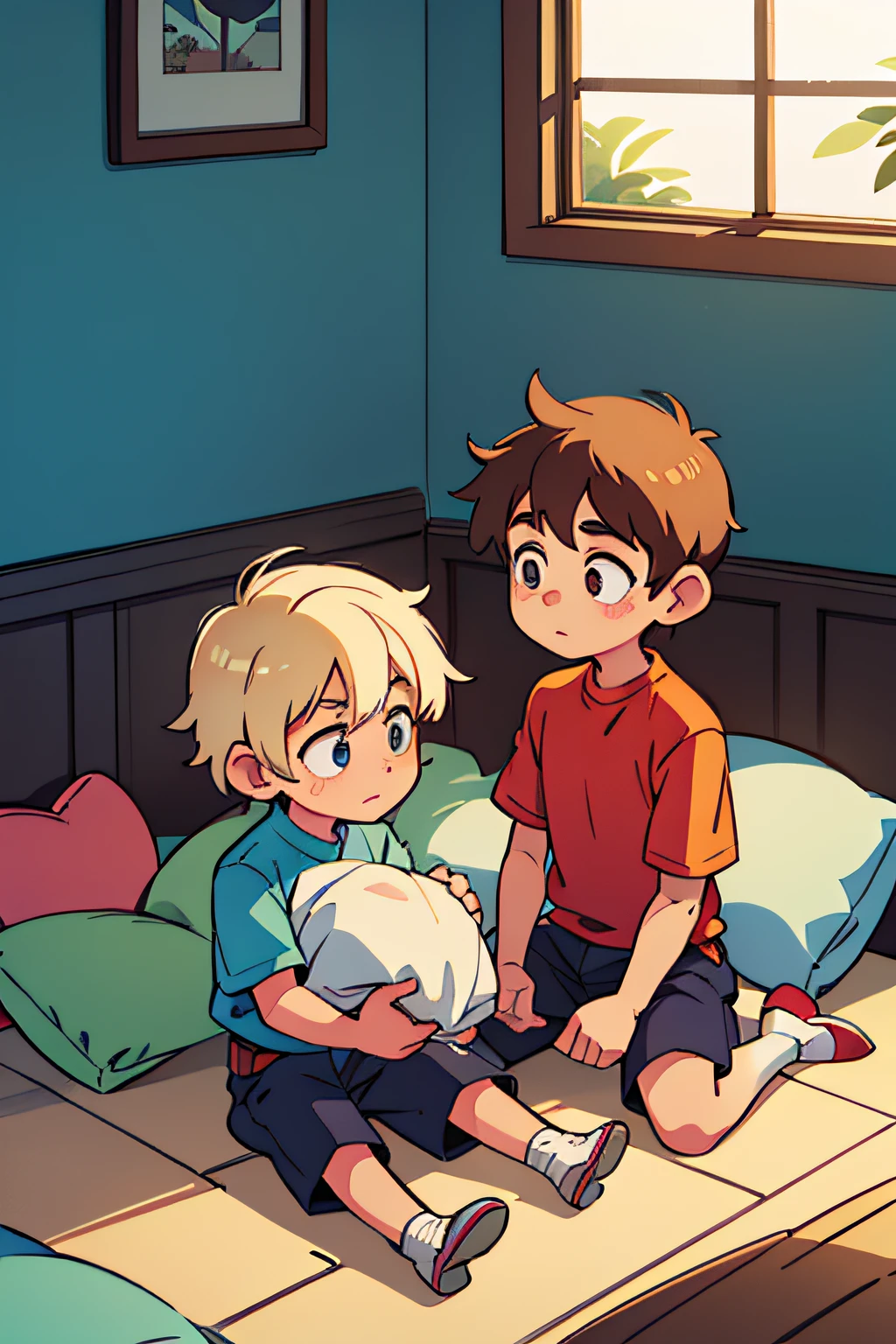 the background is clean,adolable,Q version boys,Sit on the floor and hold the pillow,Gentle light and shadow