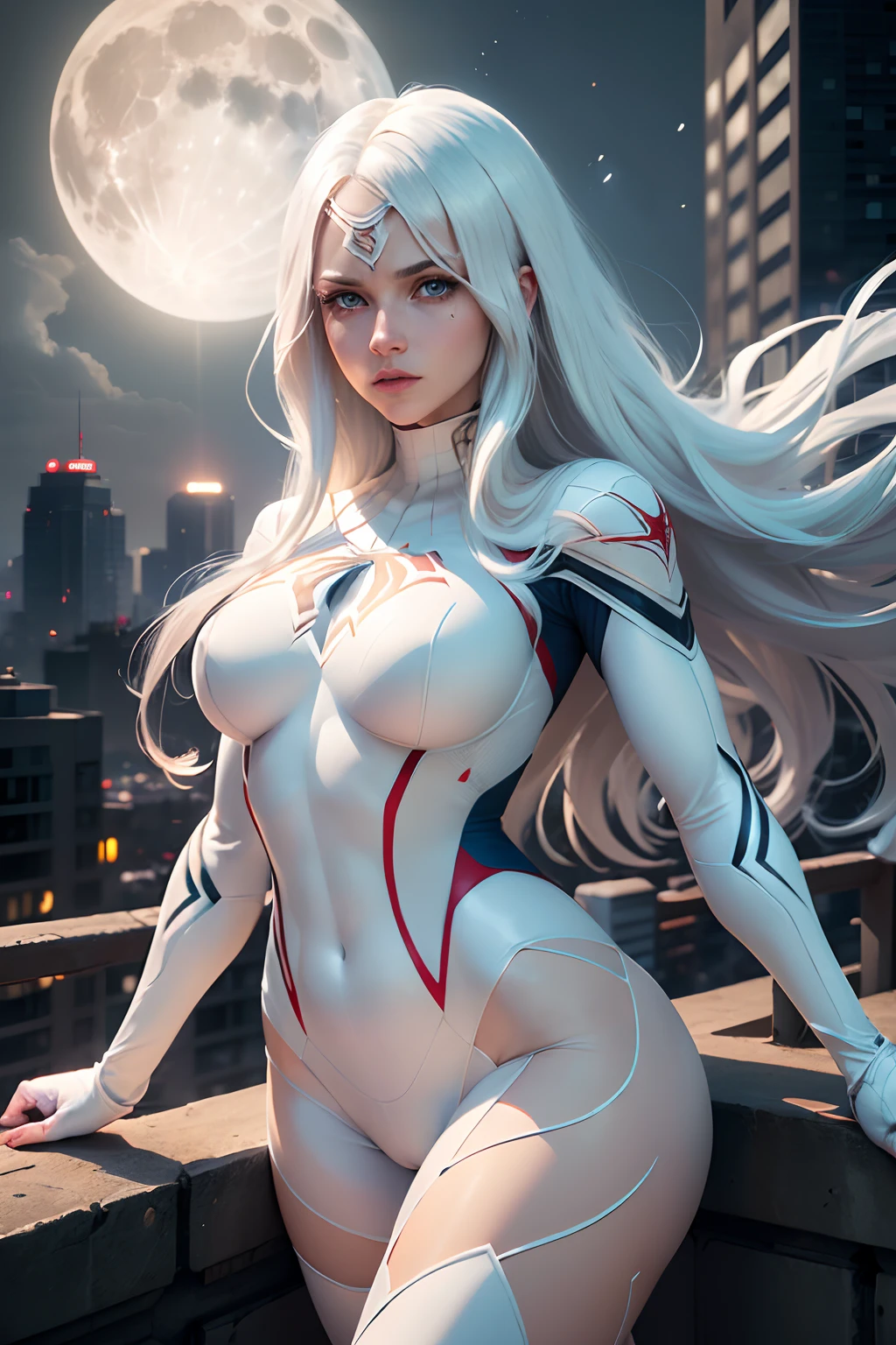(Masterpiece, 4K resolution, ultra-realistic, highly detailed), (White costume superhero theme, charismatic, girl on top of the city, wearing white Spider-Man costume, superheroine), [((23 years old), (long white hair:1.2), full-body, (blue eyes:1.2), (Spider-Man dynamic poses) ((gritty urban environment):0.8)| (urban landscape, nighttime, dynamic lights), (full moon))]