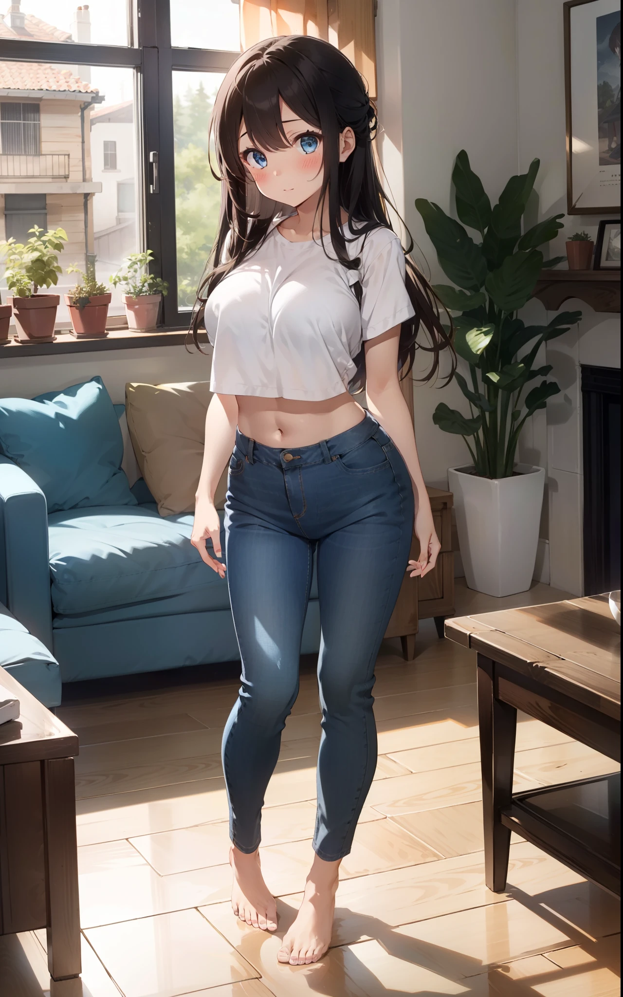 crop ripped t-shirt:1.1, (underboob:1.5), crop top, underboob, 1vgirl, solo, upper body, looking at viewer, happy, seductive smile , short sleeves, big breats:1.5, (long black hair:1.3), inside, apartment, kneeling on bed