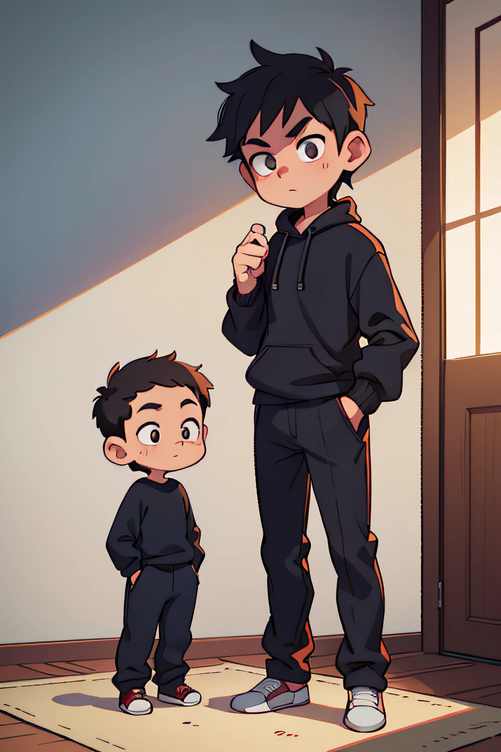 the background is clean，adolable，Q version boys，Black sweatshirt，Gray sweatpants，There is a red satchel on the pants，are standing，Hands crossed at the waist，Facing forward，Gentle light and shadow